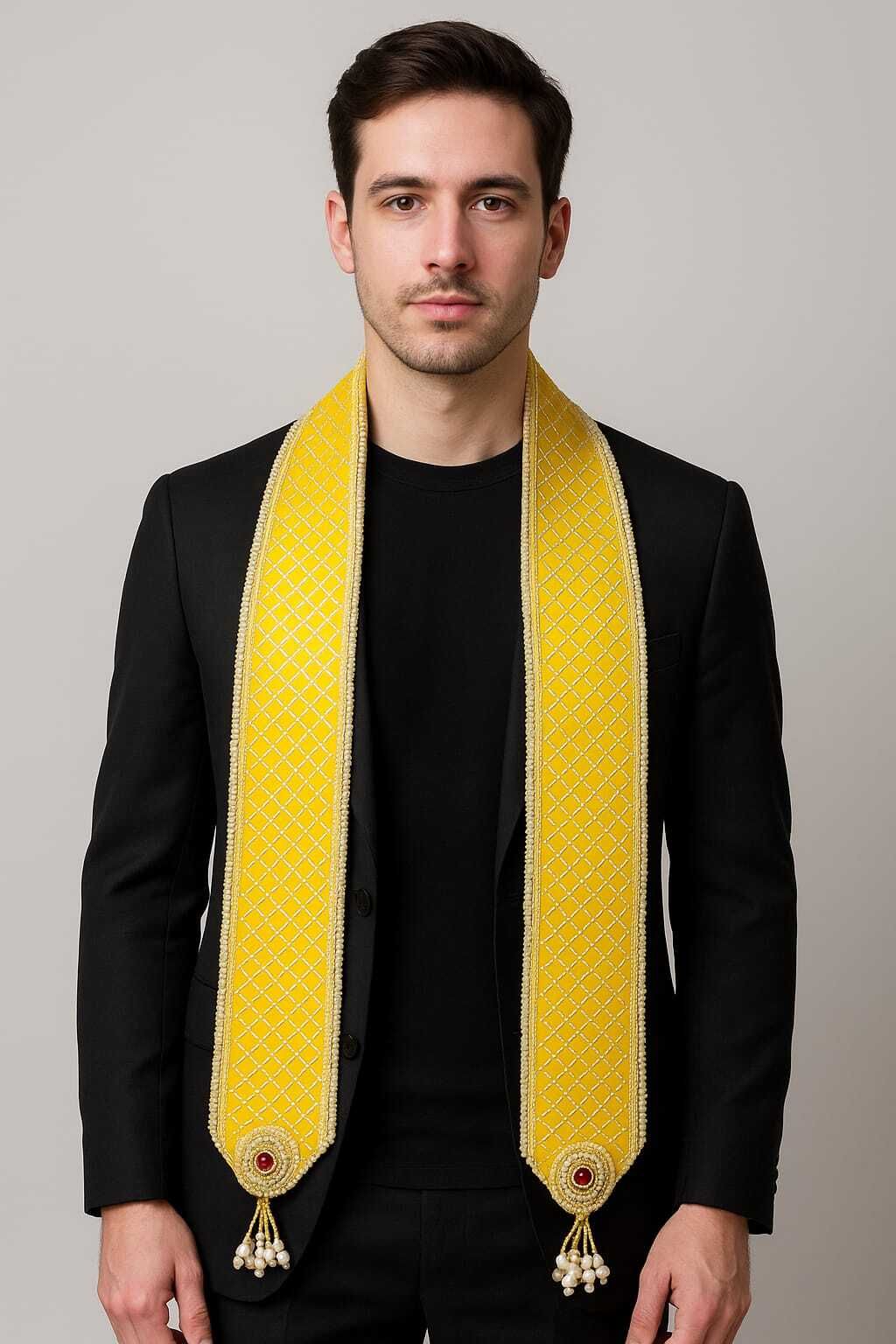 Cotton Silk Graphic Print Yellow Men Dupatta-image-4