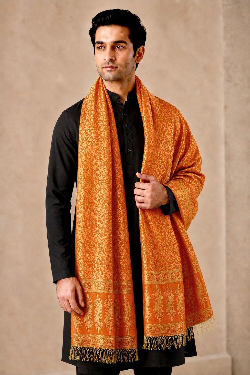 Satin Blend Woven, Self Design Orange Men Dupatta-image-47