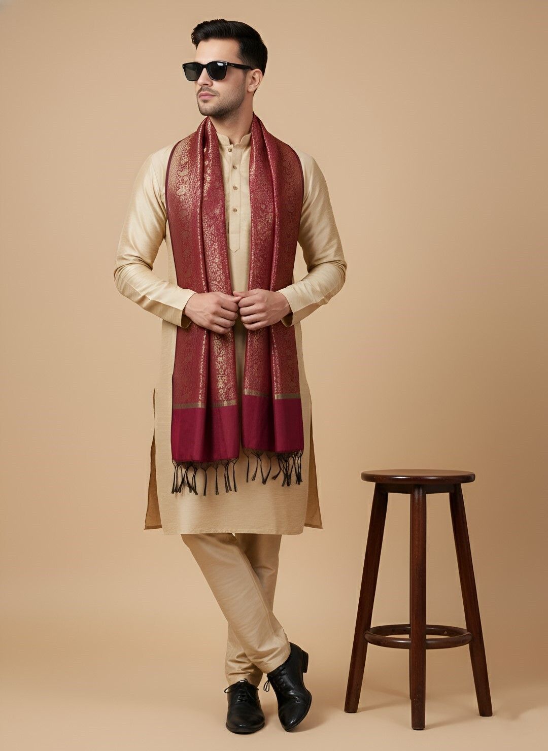 Pure Silk Woven Maroon Men Dupatta-image-45