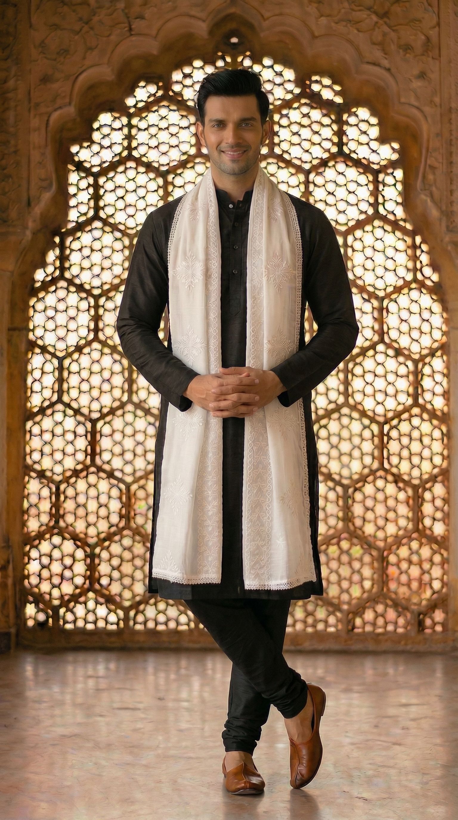 Pure Cotton Embroidered White Men Dupatta-image-48