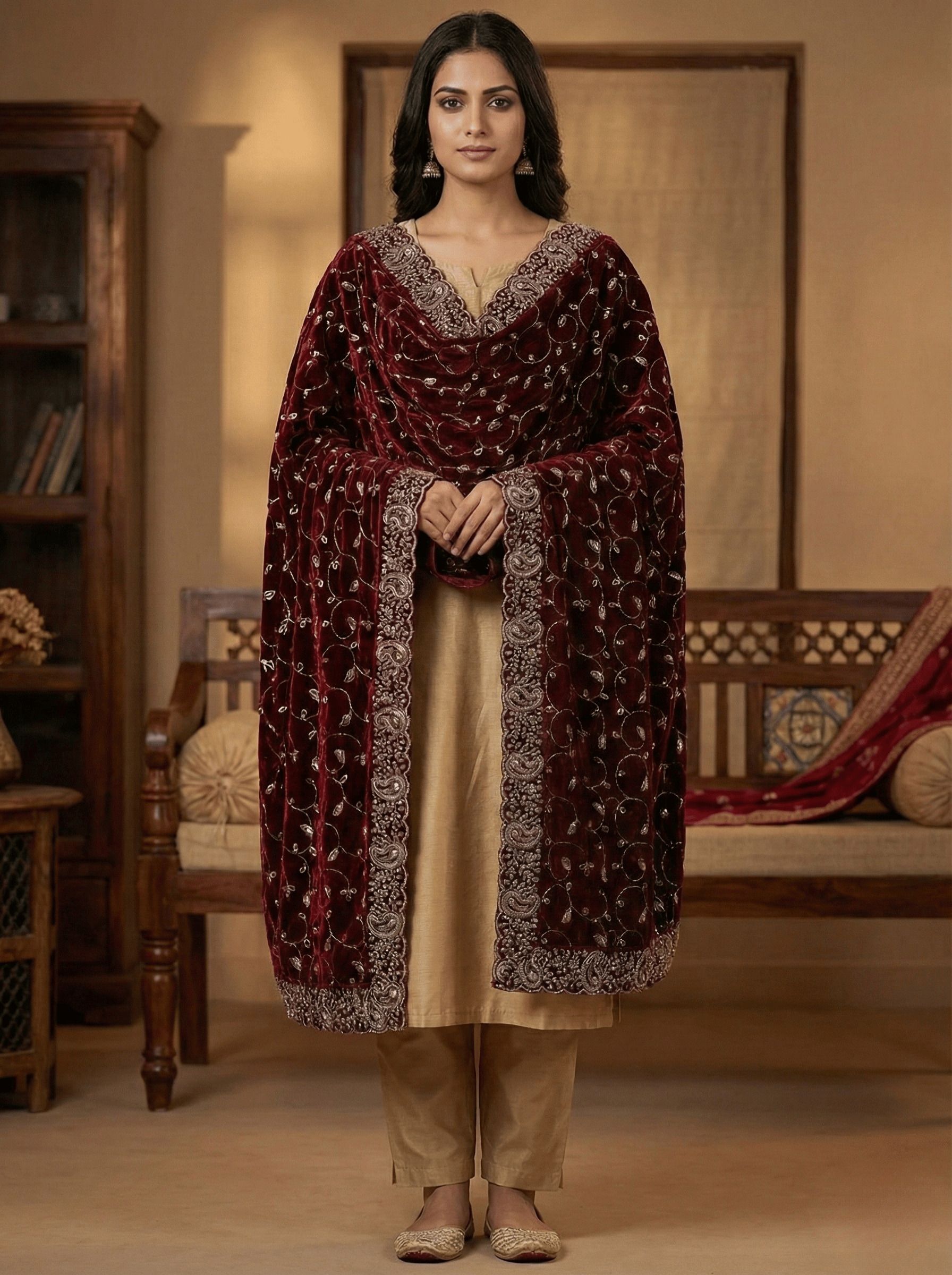 Velvet Embroidered Maroon Women Dupatta-image-27