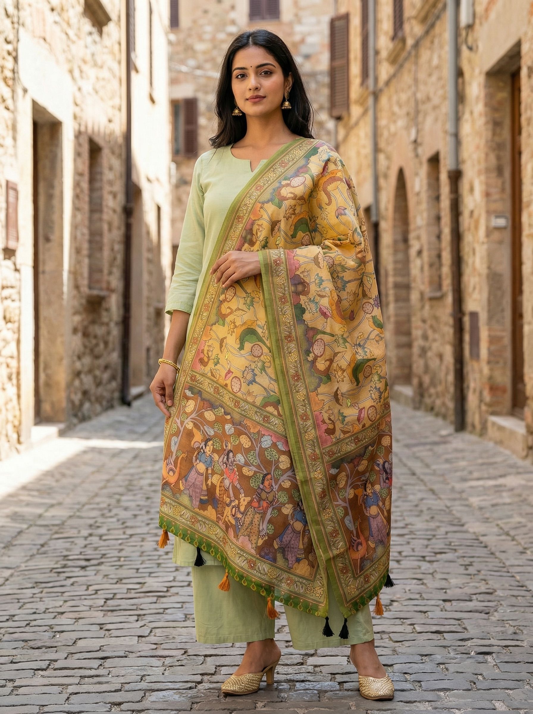 kaizen texo fab Cotton Blend, Linen Blend Printed, Floral Print Multicolor, Beige Women Dupatta-picture-13