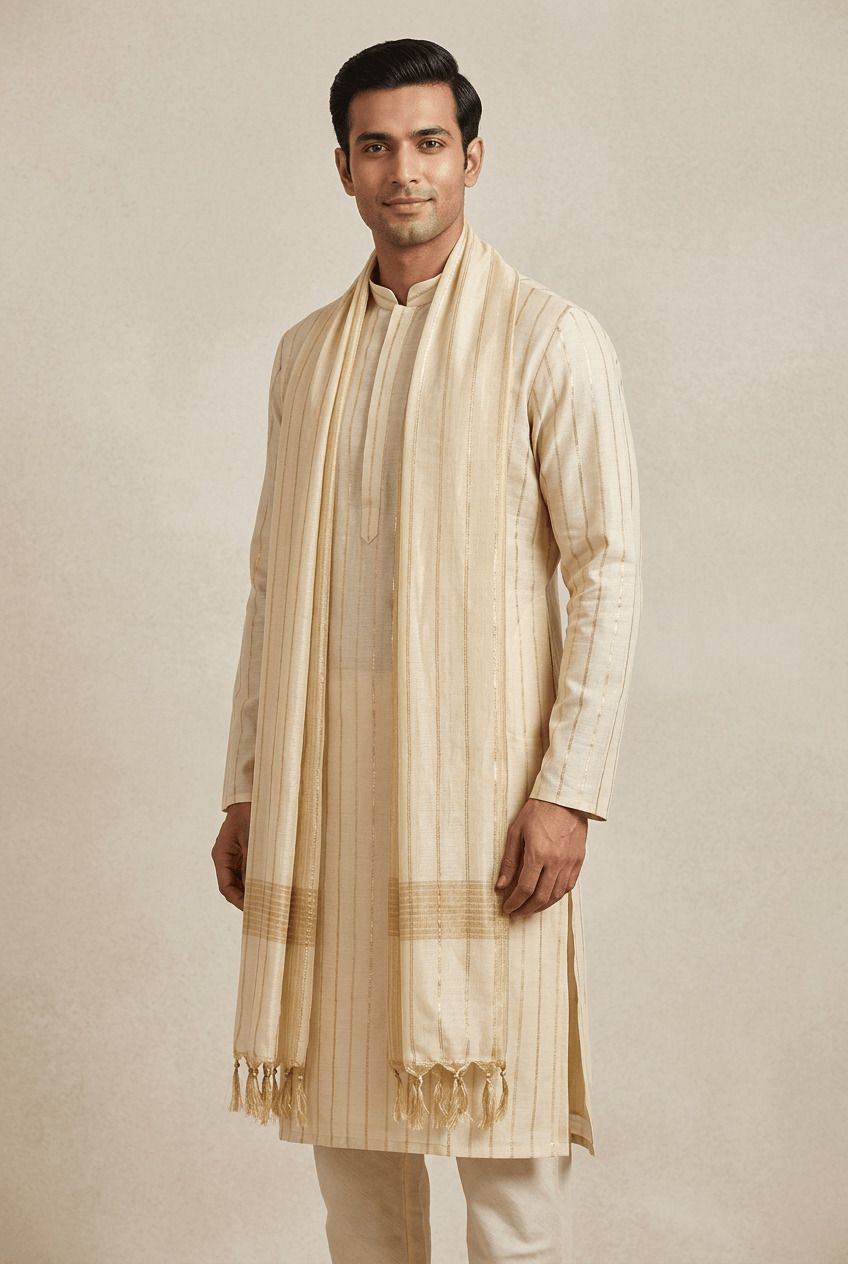 Cotton Silk Solid Beige Men Dupatta-image-12
