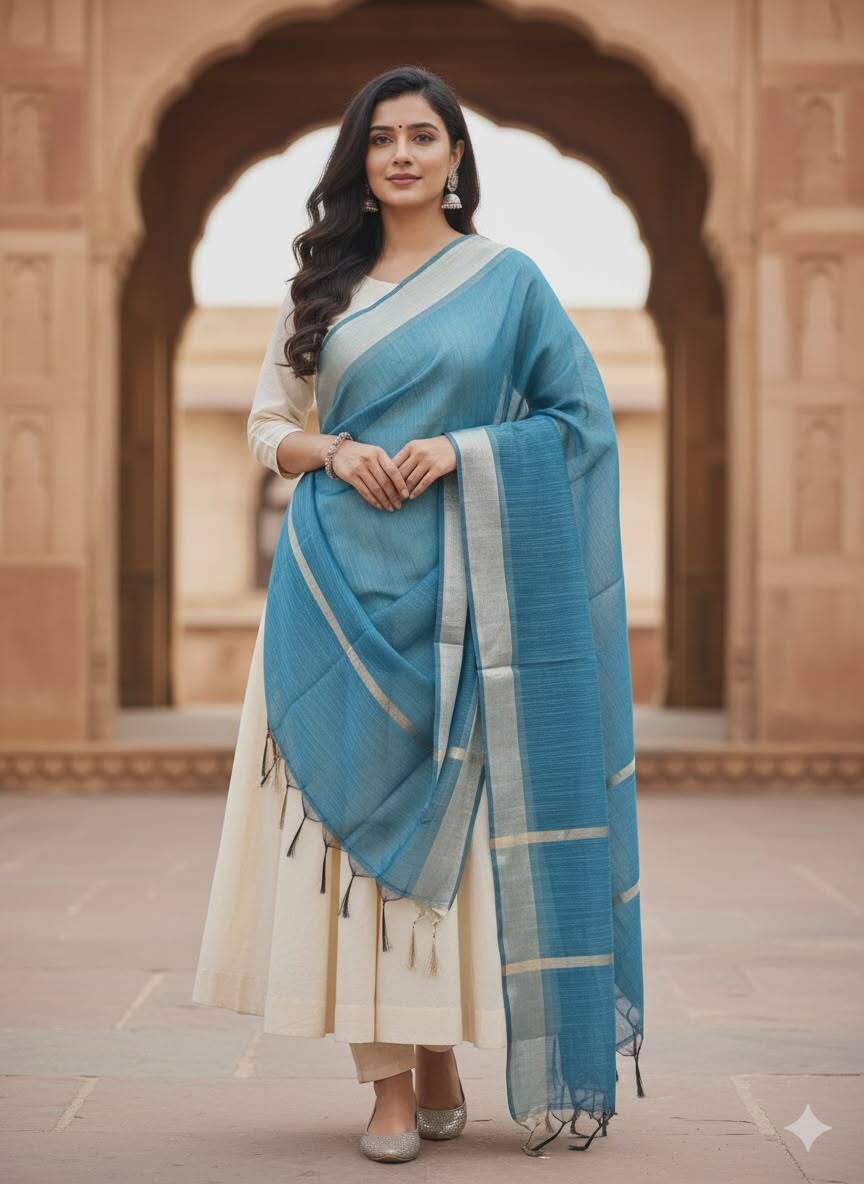 Cotton Blend, Jute Woven Blue Women Dupatta