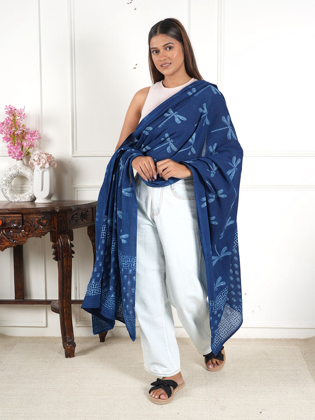 style 98 Pure Cotton Hand Painted Blue Women Dupatta-picture-3