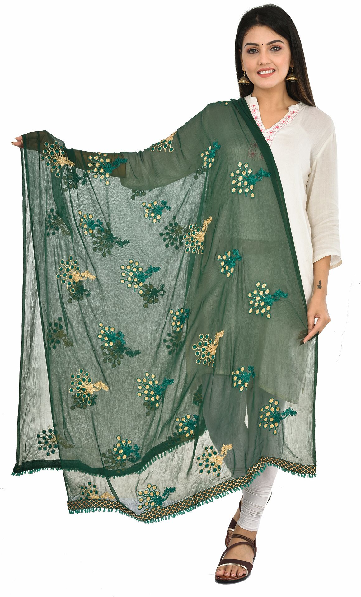 whiteheaven Chiffon Embroidered Dark Green Women Dupatta-picture-27