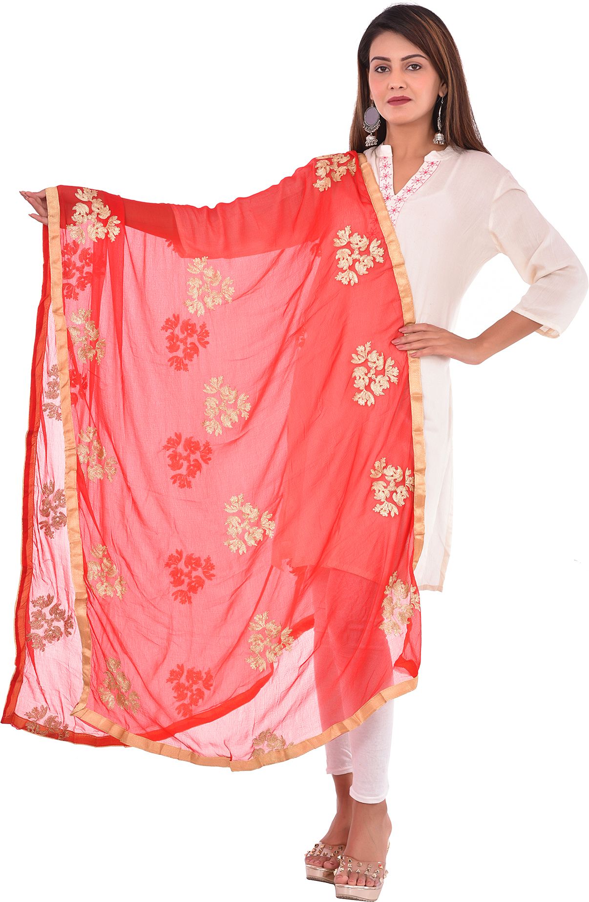 whiteheaven Chiffon Embroidered Red Women Dupatta-picture-31
