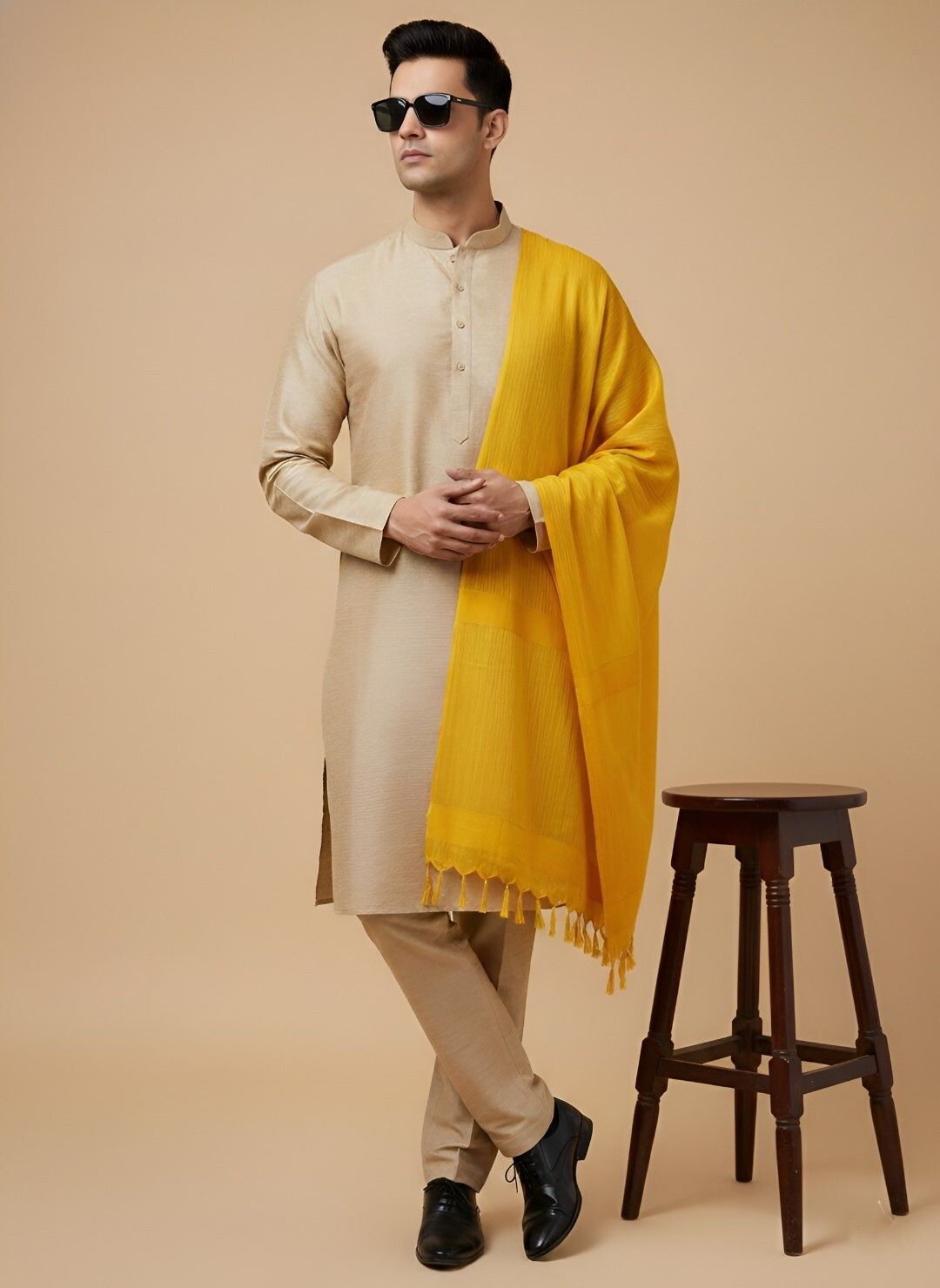 muffly Cotton Blend Self Design Yellow Men Dupatta-picture-38