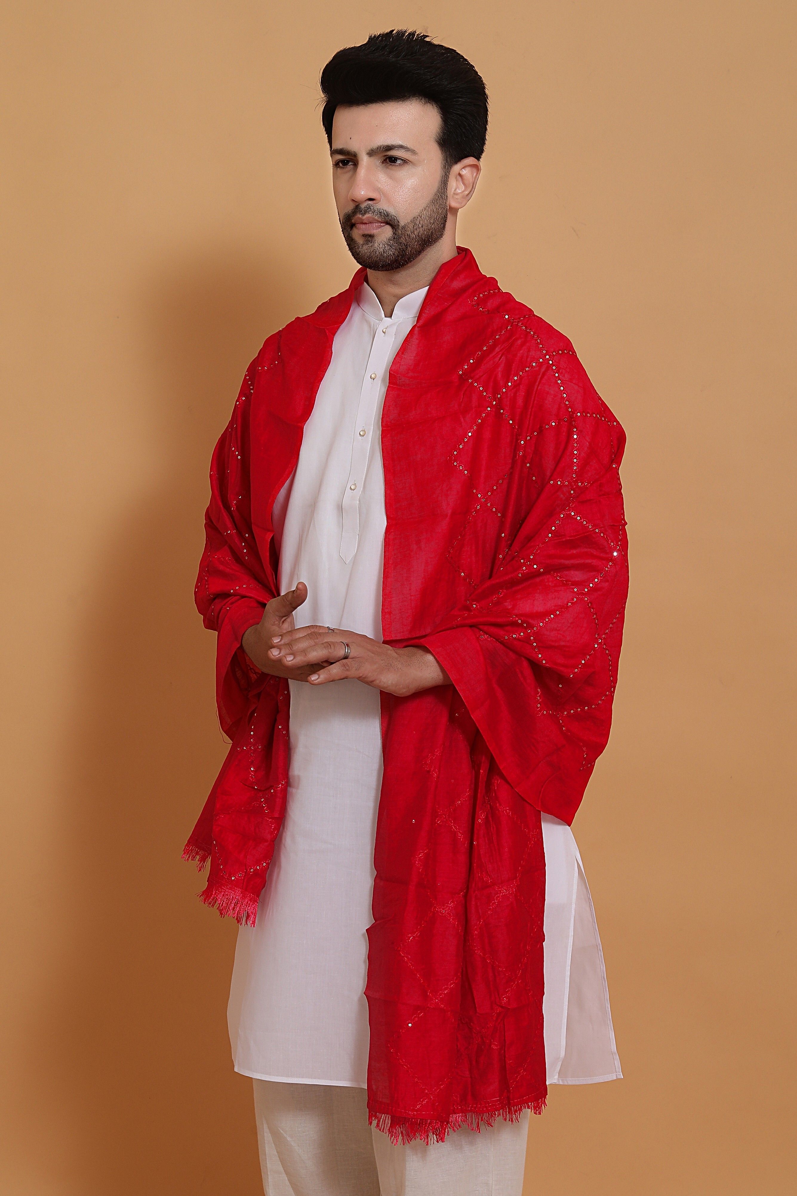 houseofcommon Poly Chanderi Self Design Red Men Dupatta-picture-38