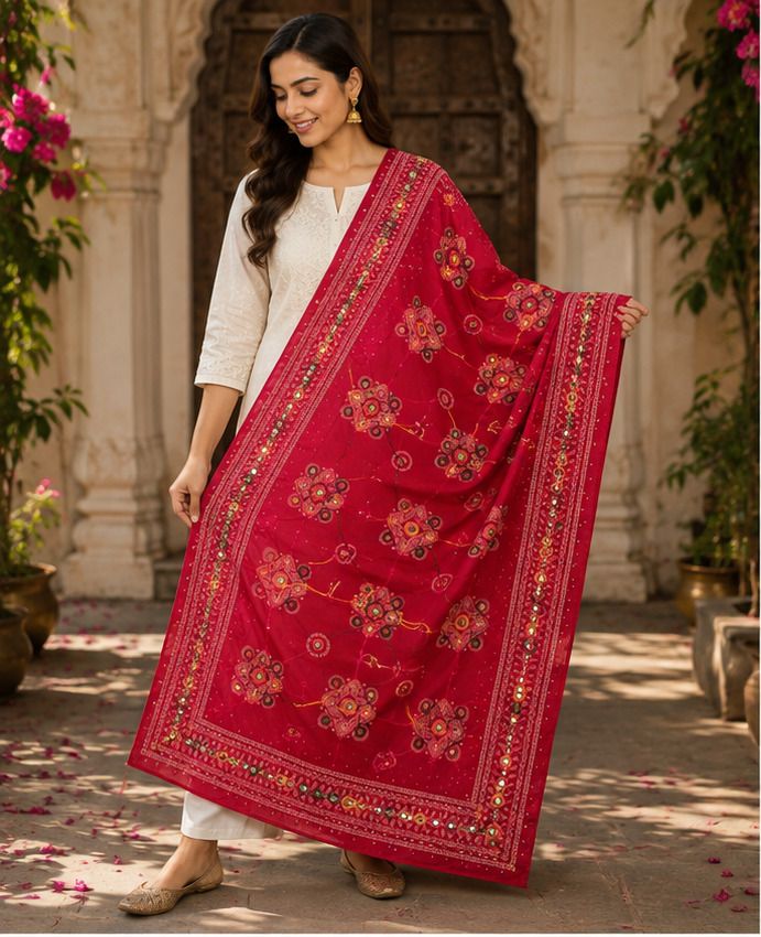 gupta fashion mart Cotton Blend Embroidered Red Women Dupatta-picture-14