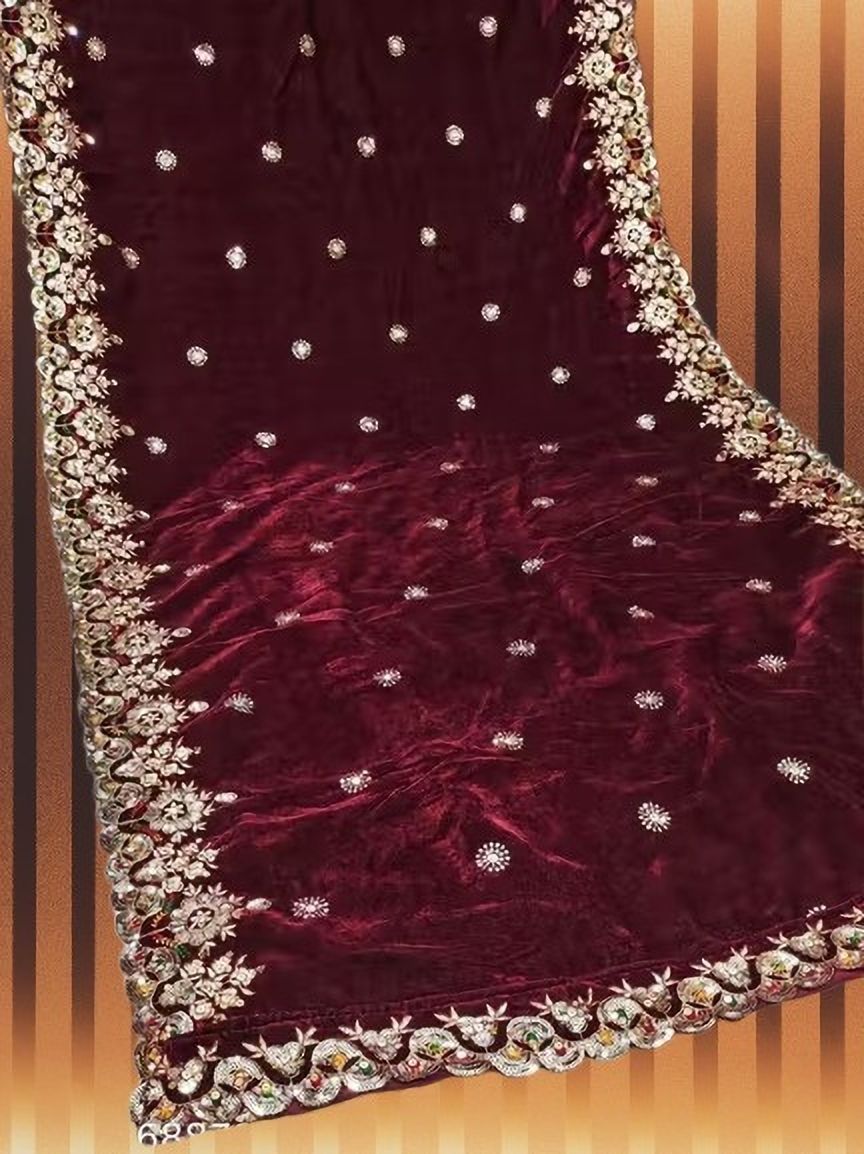 Velvet Embroidered Maroon Women Dupatta-image-31