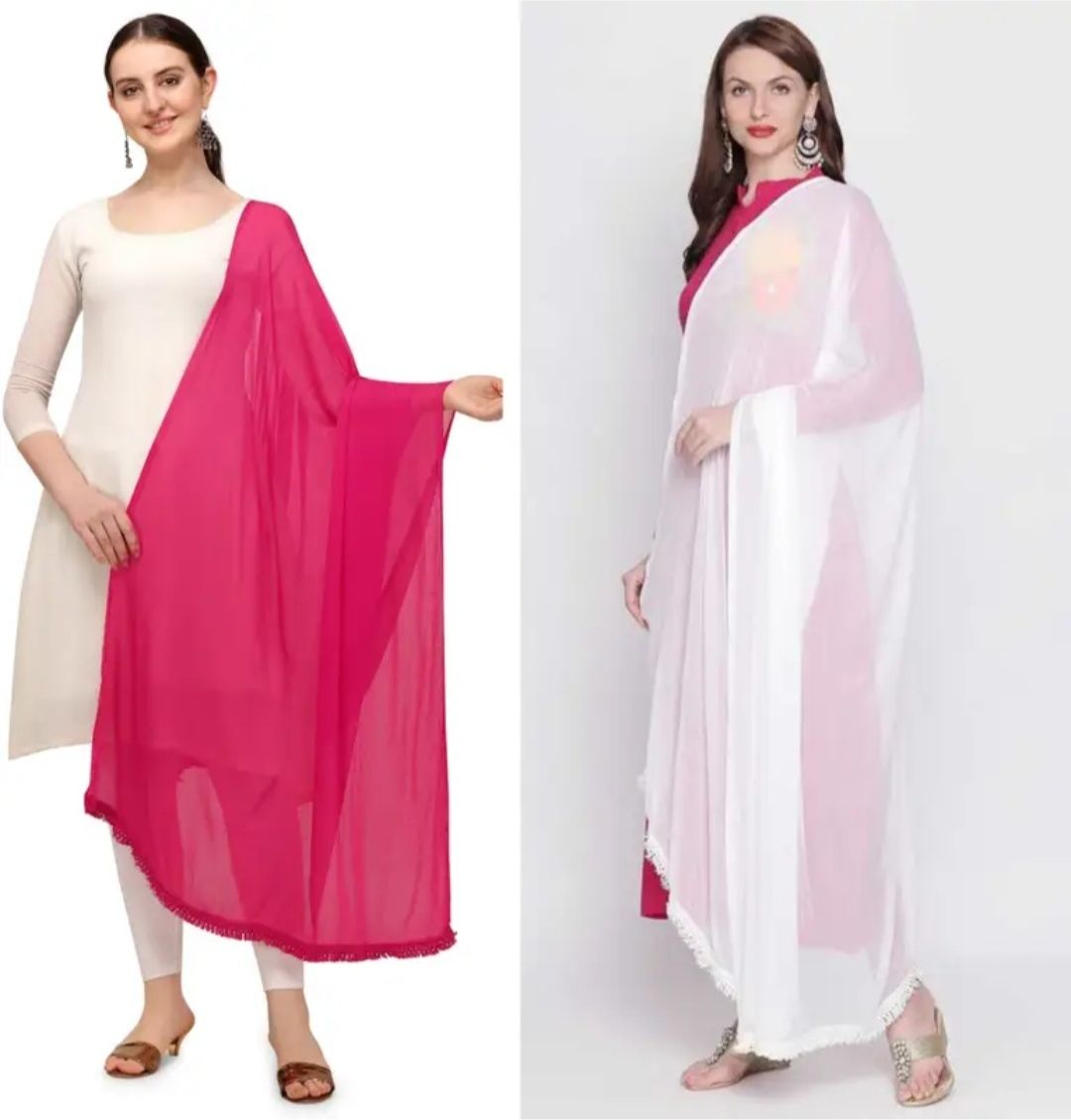 gurusoami Chiffon Solid Pink, White Women Dupatta-picture-24