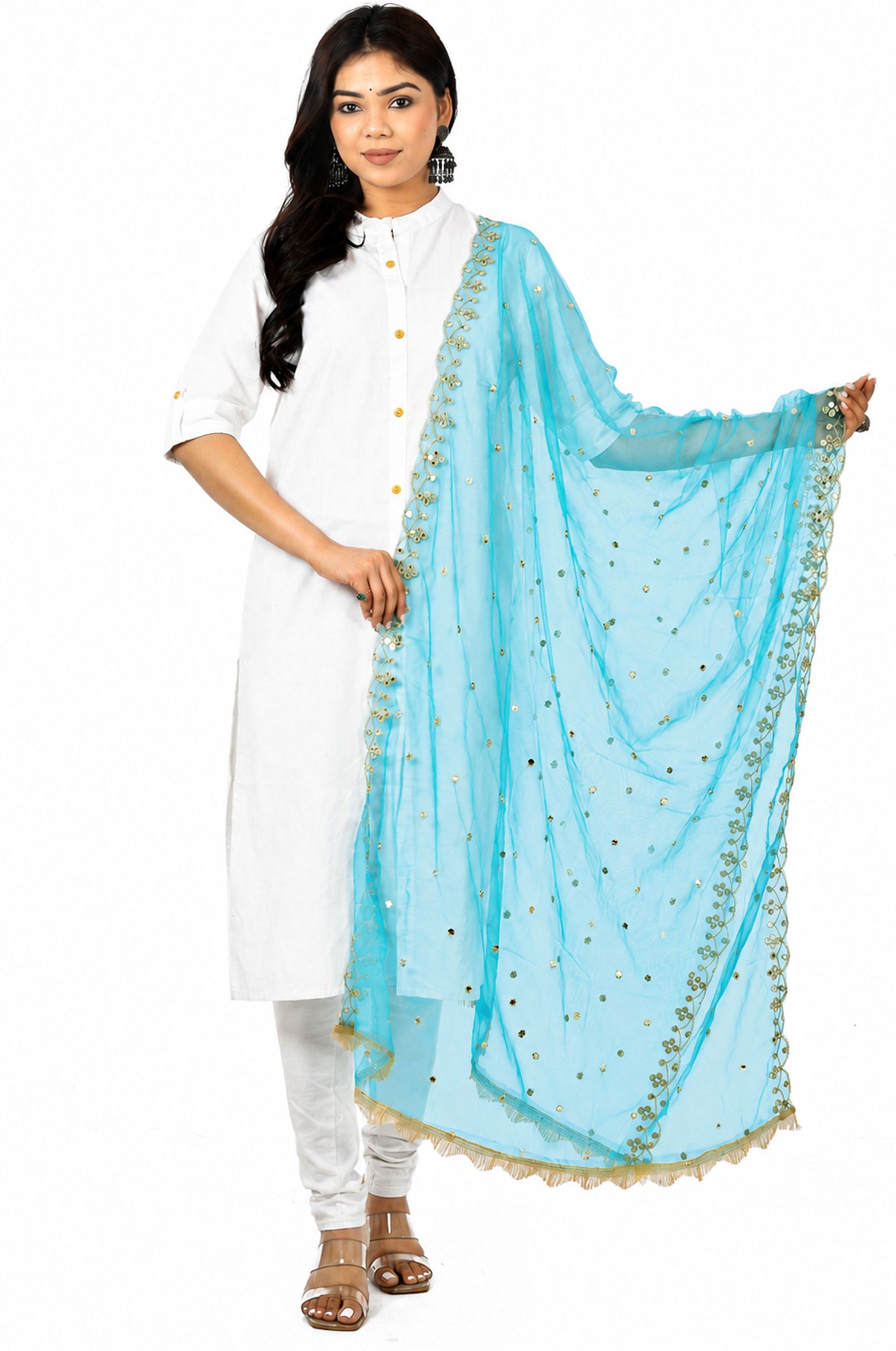 whiteheaven Net Embroidered Light Blue Women Dupatta-picture-3