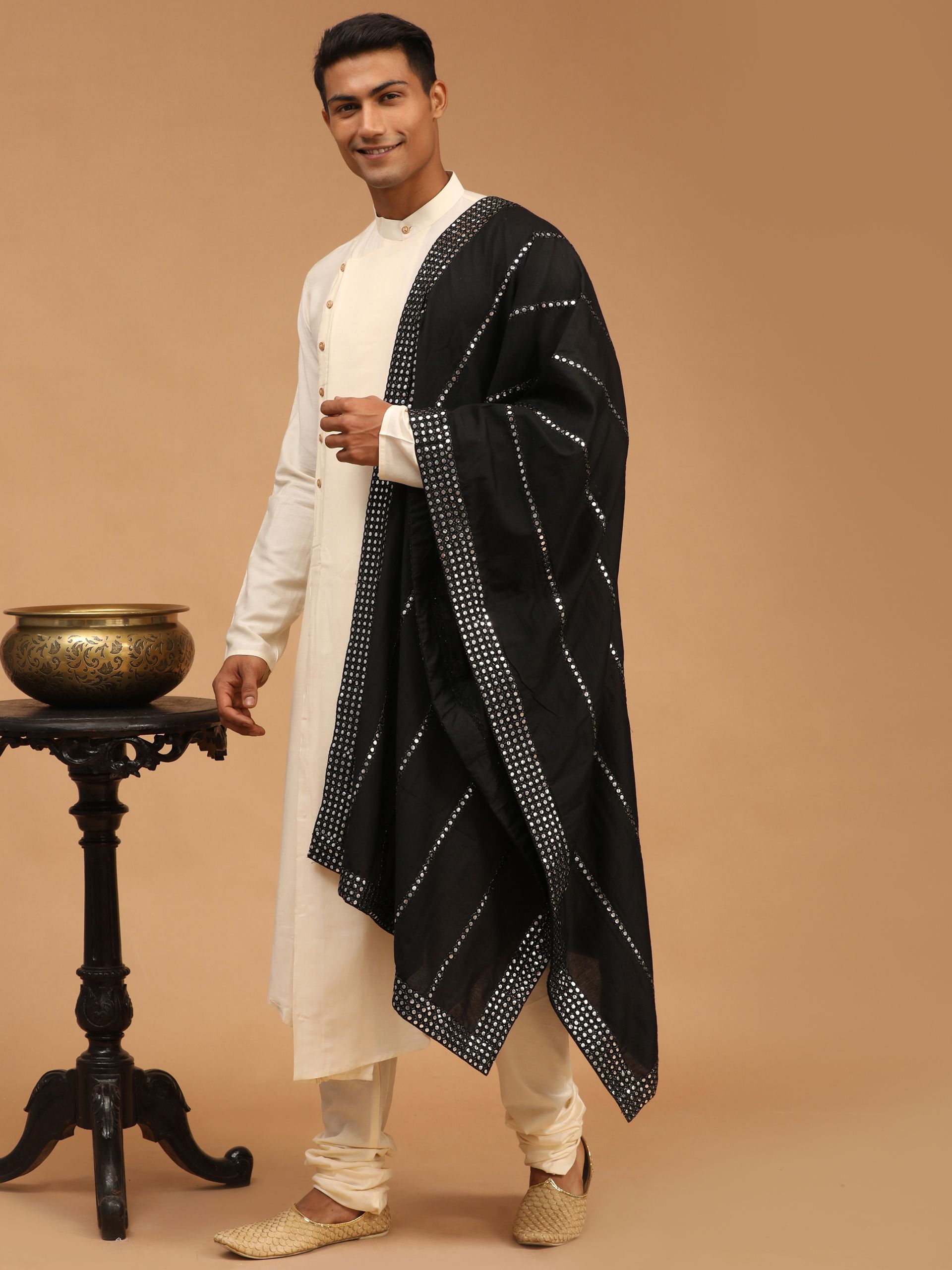 Viscose Blend Embellished, Embroidered Black Men Dupatta-image-46