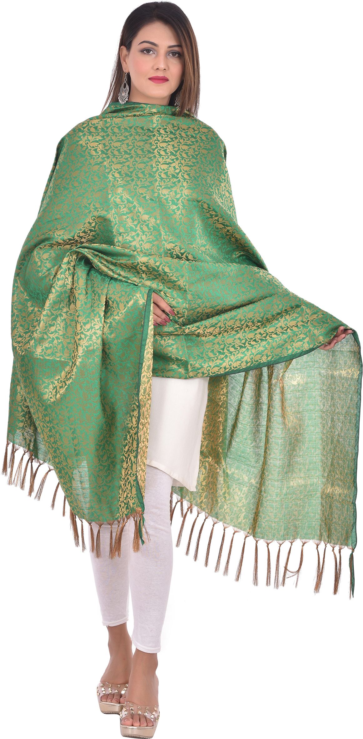 whiteheaven Pure Silk Self Design Green Women Dupatta-picture-9