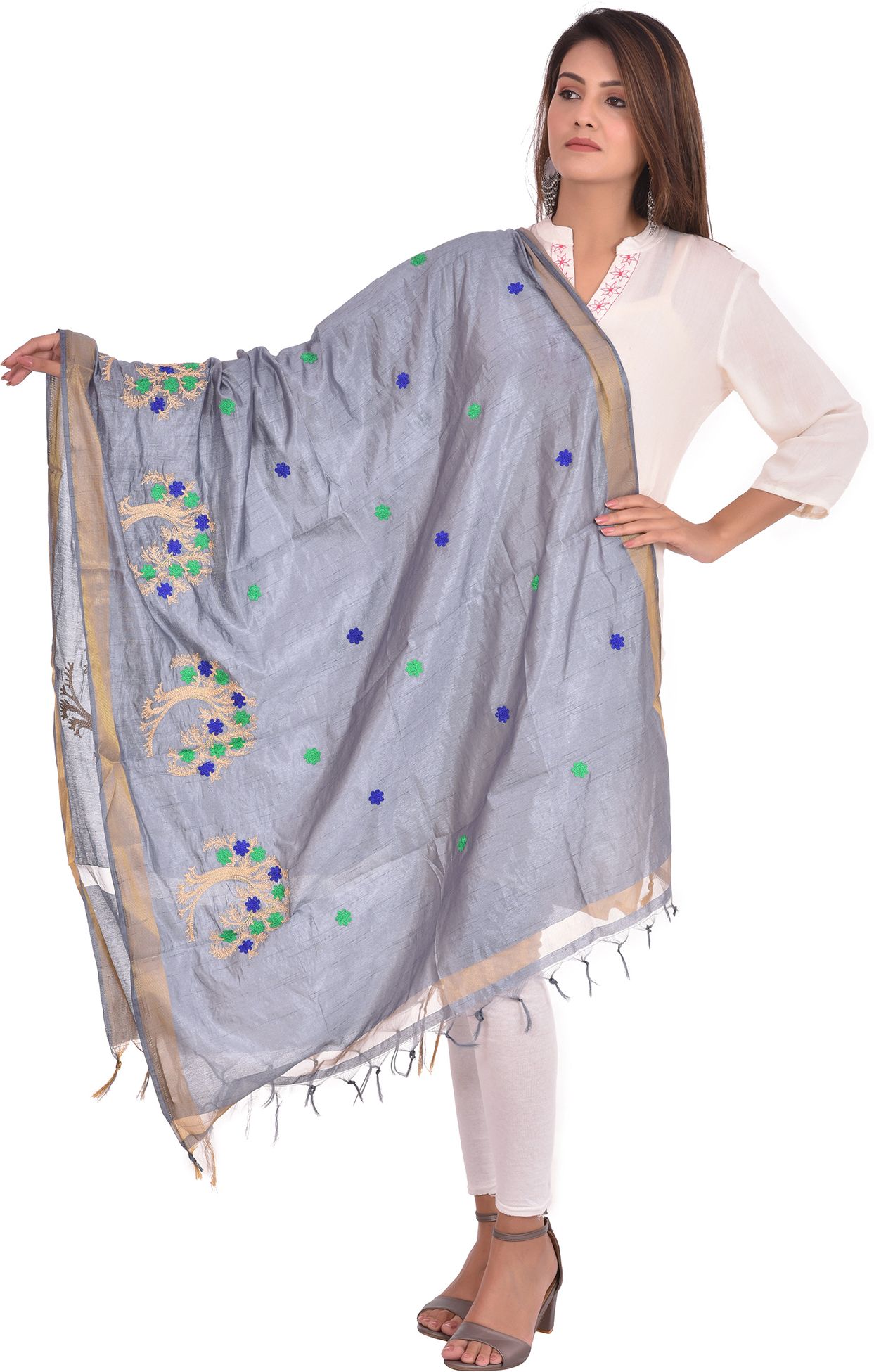 whiteheaven Silk Blend Embroidered Grey Women Dupatta-picture-11