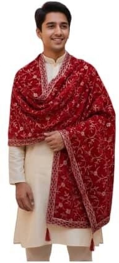 Velvet Embroidered Red Men Dupatta-image-14
