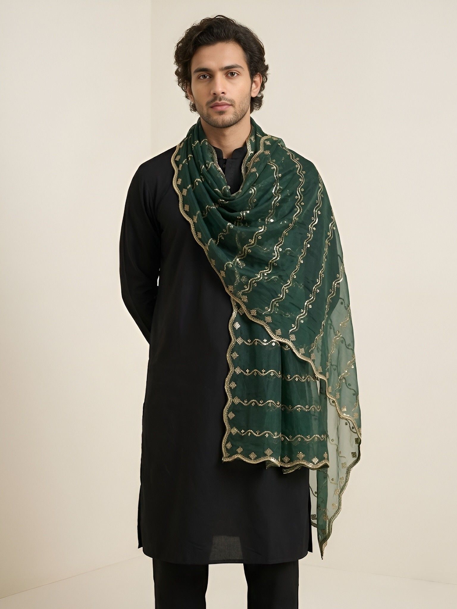 muffly Net Striped Green Men Dupatta-picture-11