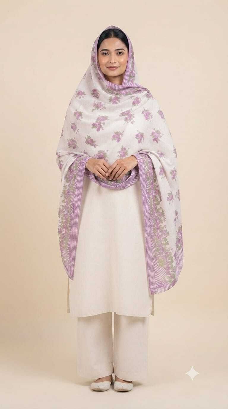 Cotton Blend Floral Print Purple Women Dupatta-image-47