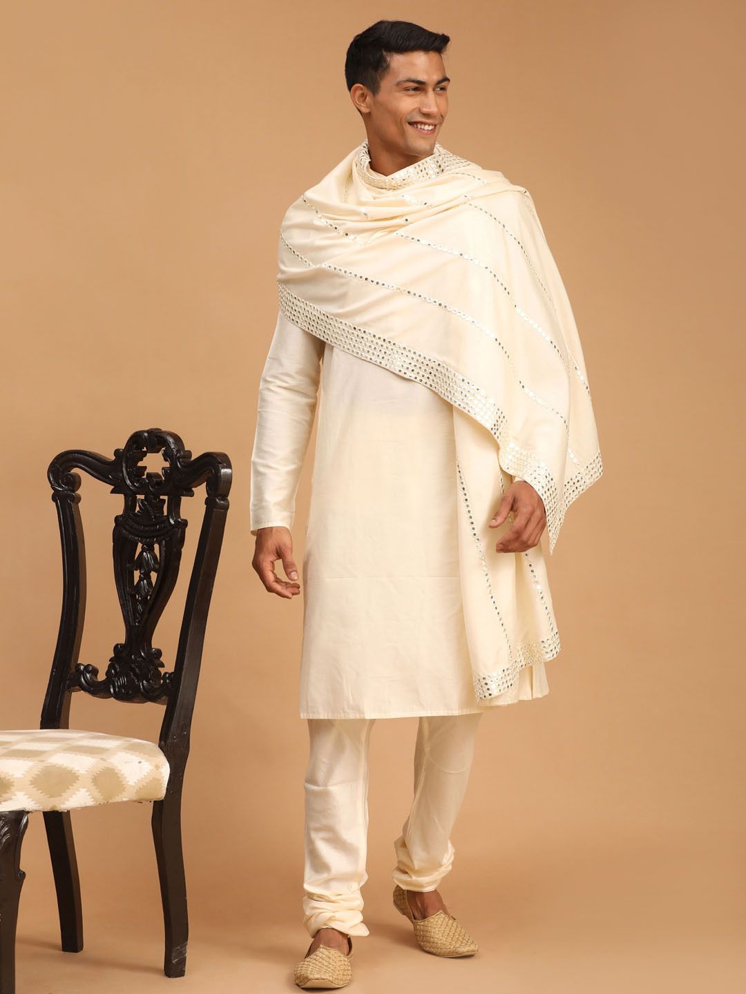 vastramay Viscose Blend Embellished, Embroidered Beige Men Dupatta-picture-28