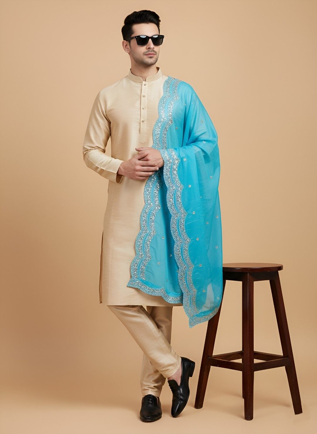 muffly Pure Silk Embroidered Light Blue Men Dupatta-picture-26