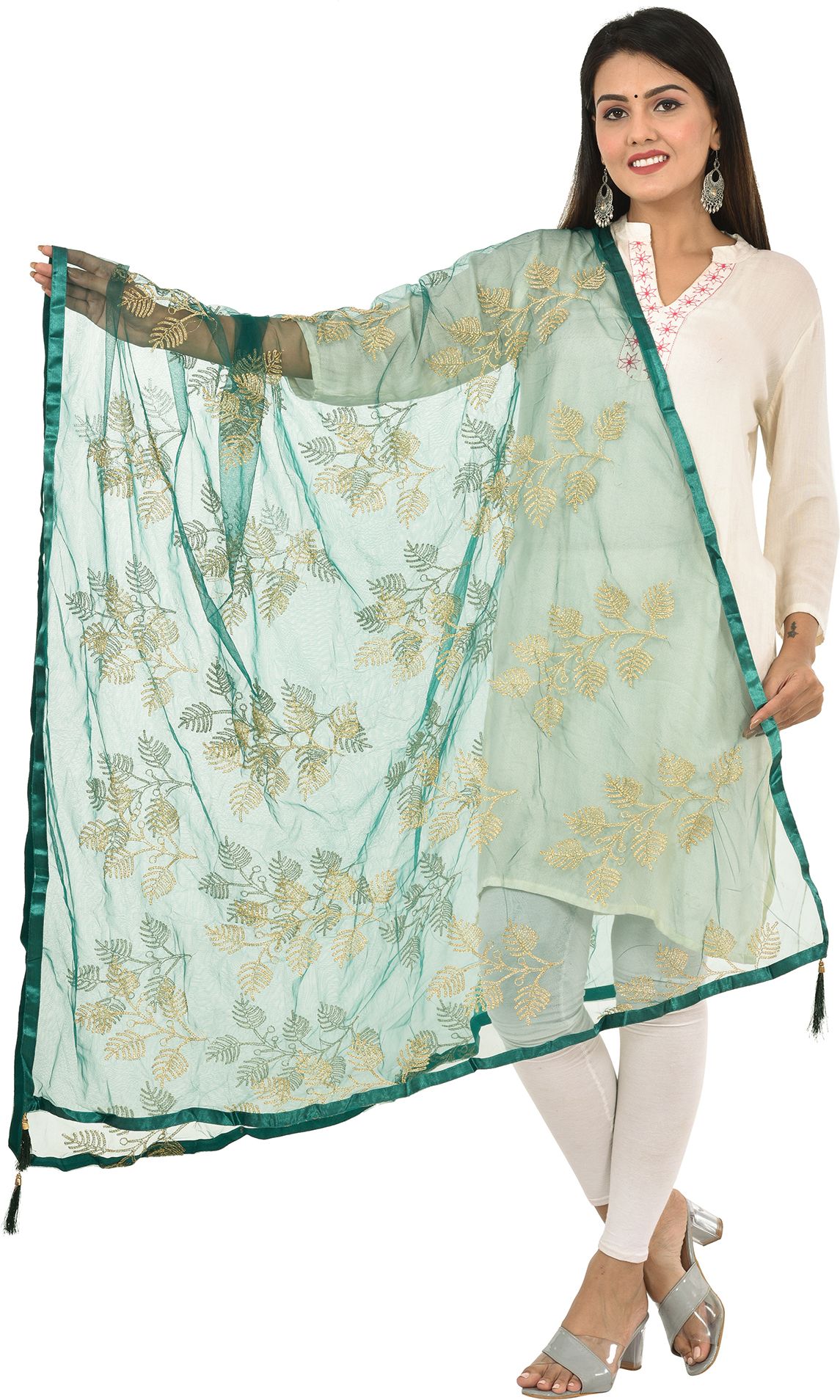 whiteheaven Net Embroidered Dark Green Women Dupatta-picture-48