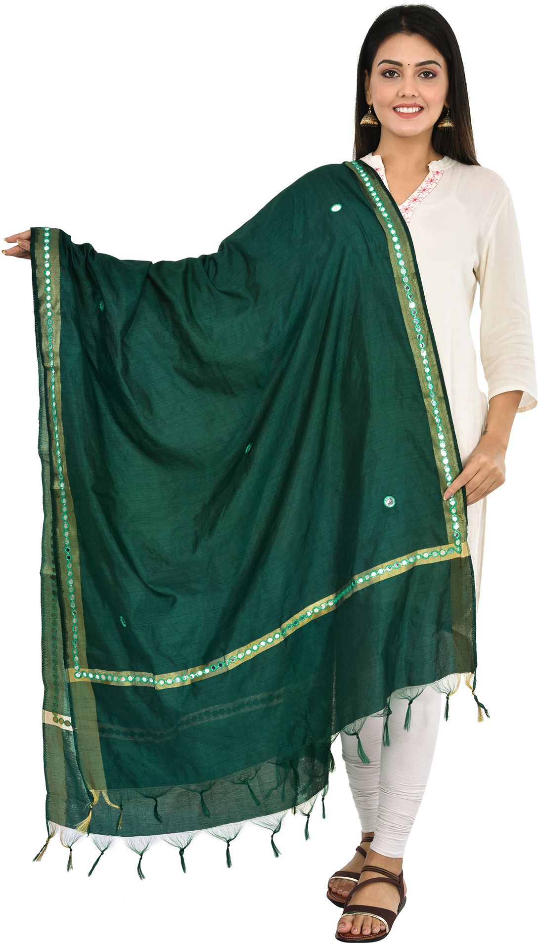whiteheaven Pure Silk Embellished Dark Green Women Dupatta-picture-9