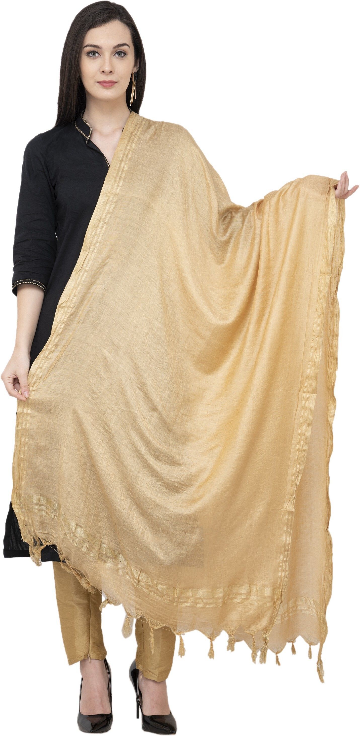 a r silk Cotton Blend Self Design Gold Women Dupatta-picture-19