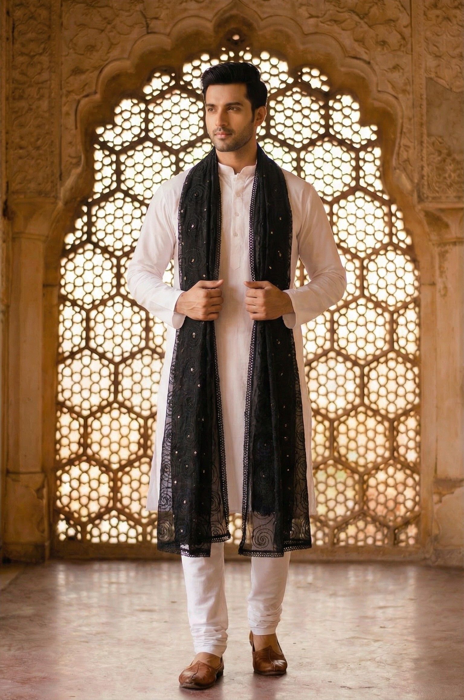 zamour Pure Cotton Embroidered Black Men Dupatta-picture-25