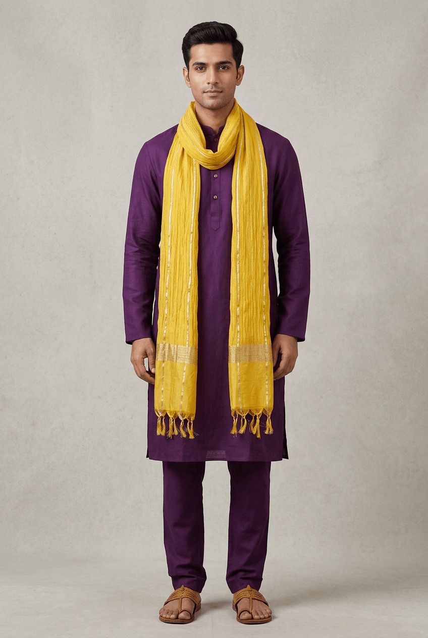Cotton Silk Solid Yellow Men Dupatta-image-7
