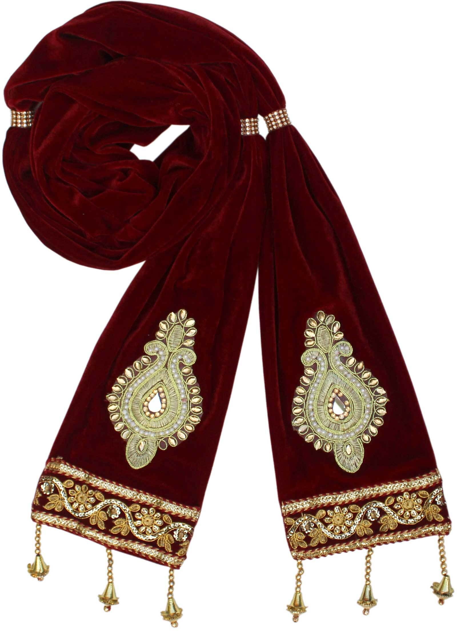 Velvet Self Design, Embellished Maroon Men Dupatta