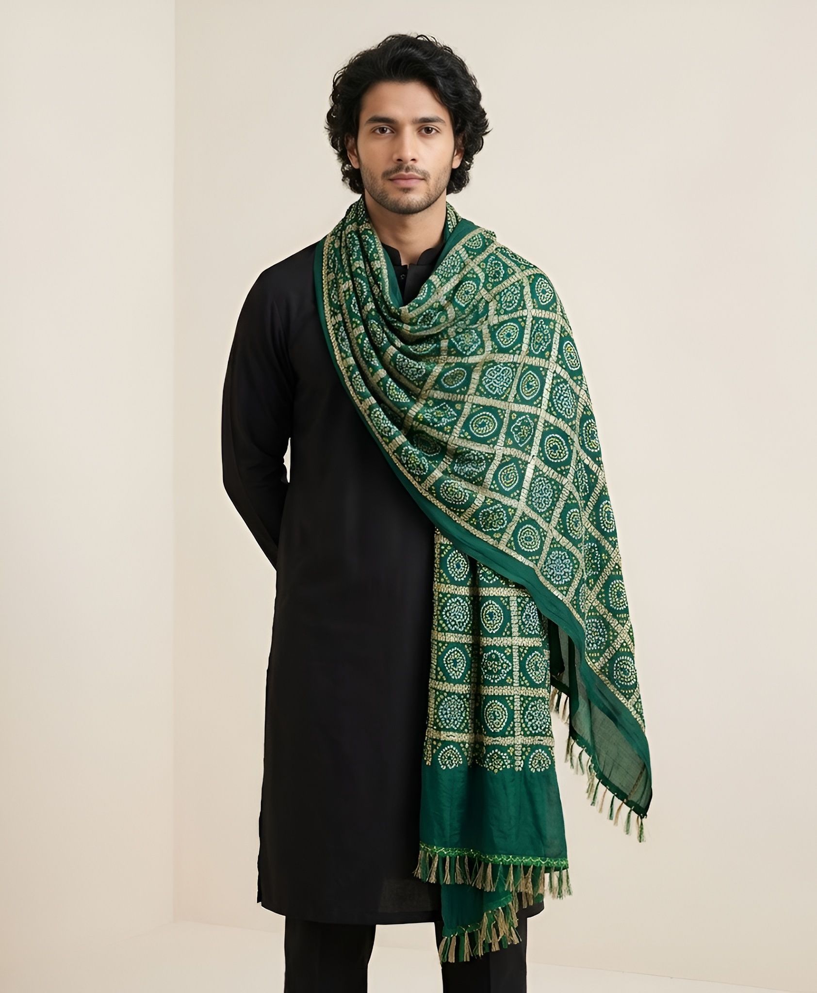 Poly Crepe Printed Green Men Dupatta-image-49