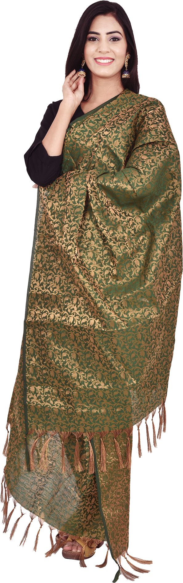 whiteheaven Pure Silk Self Design Dark Green Women Dupatta-picture-2