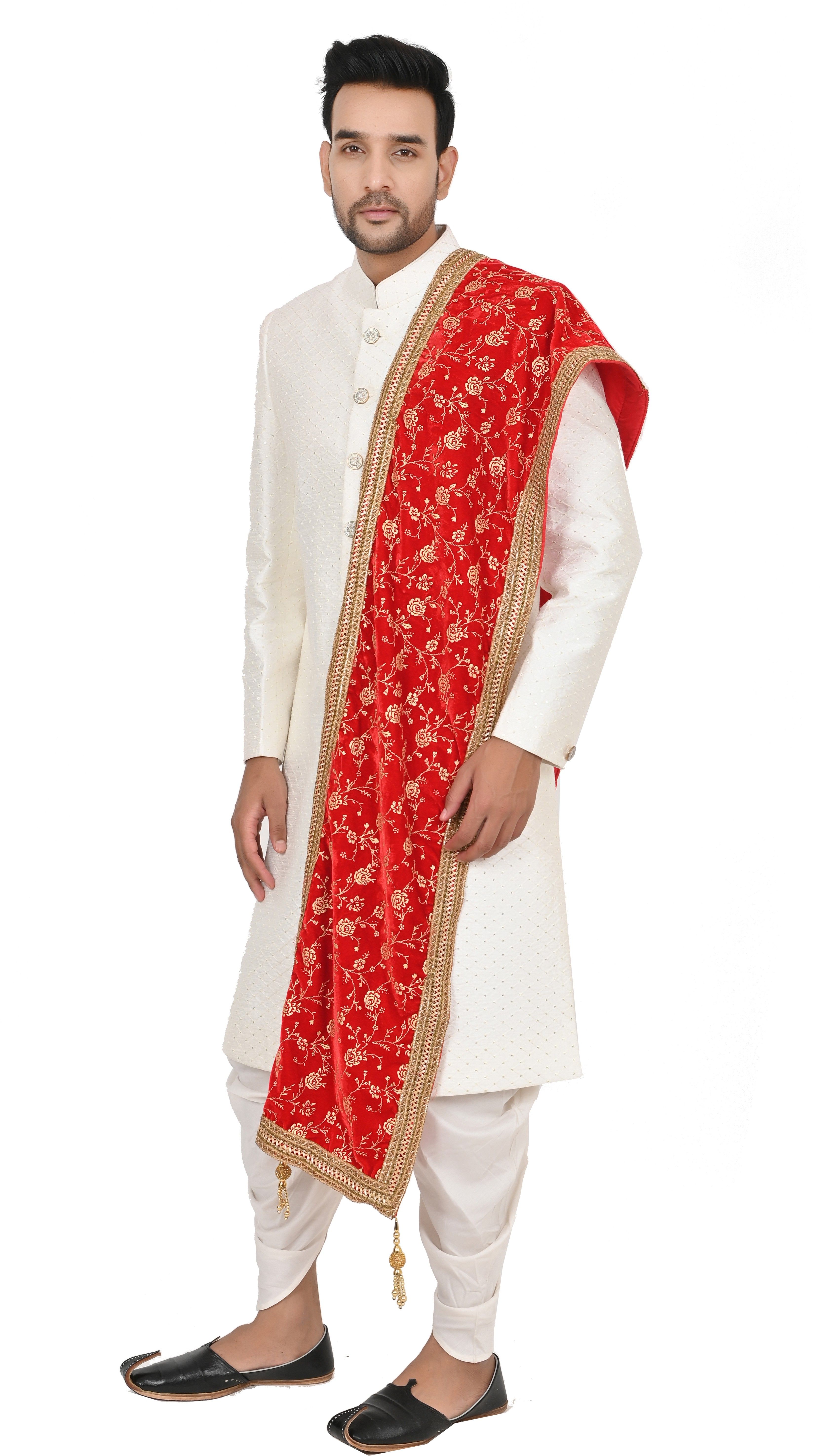 sneh Velvet Floral Print, Embroidered Red Men Dupatta-picture-25