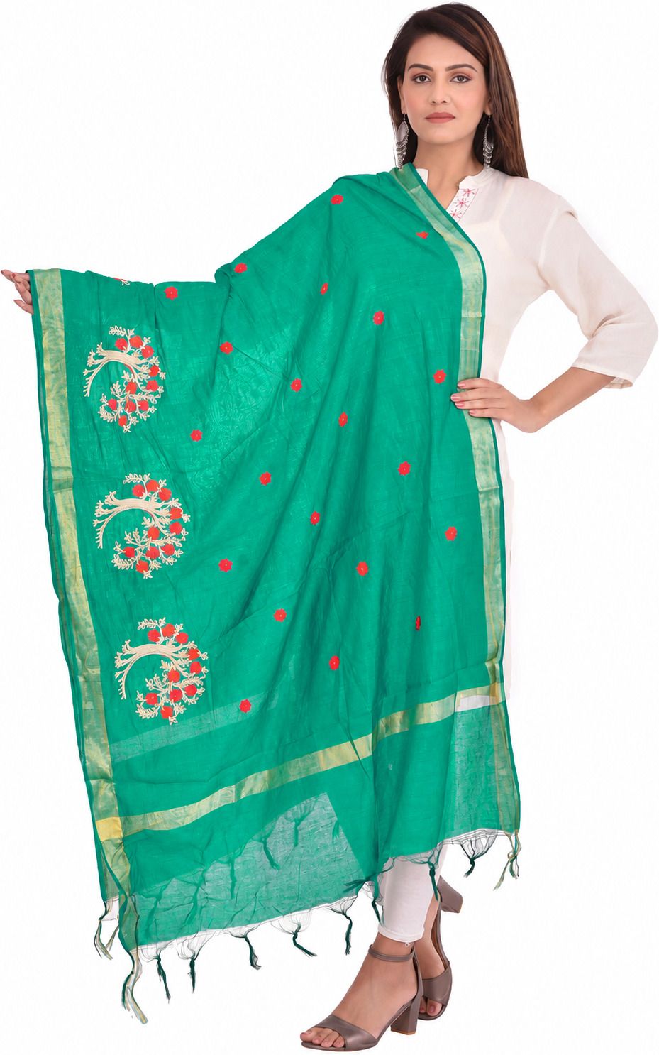 whiteheaven Silk Blend Embroidered Light Green Women Dupatta-picture-48