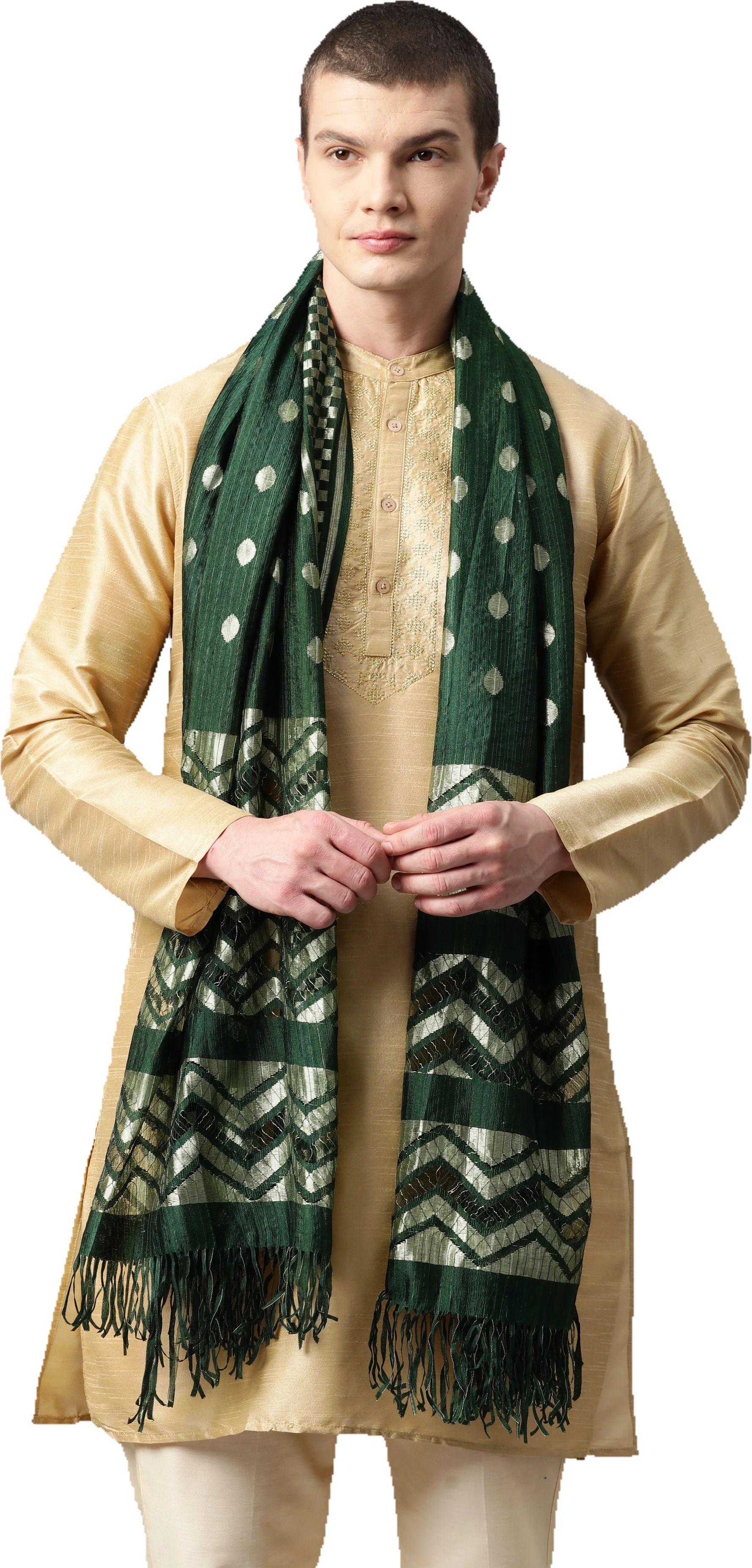 Cotton Silk Woven Green Men Dupatta