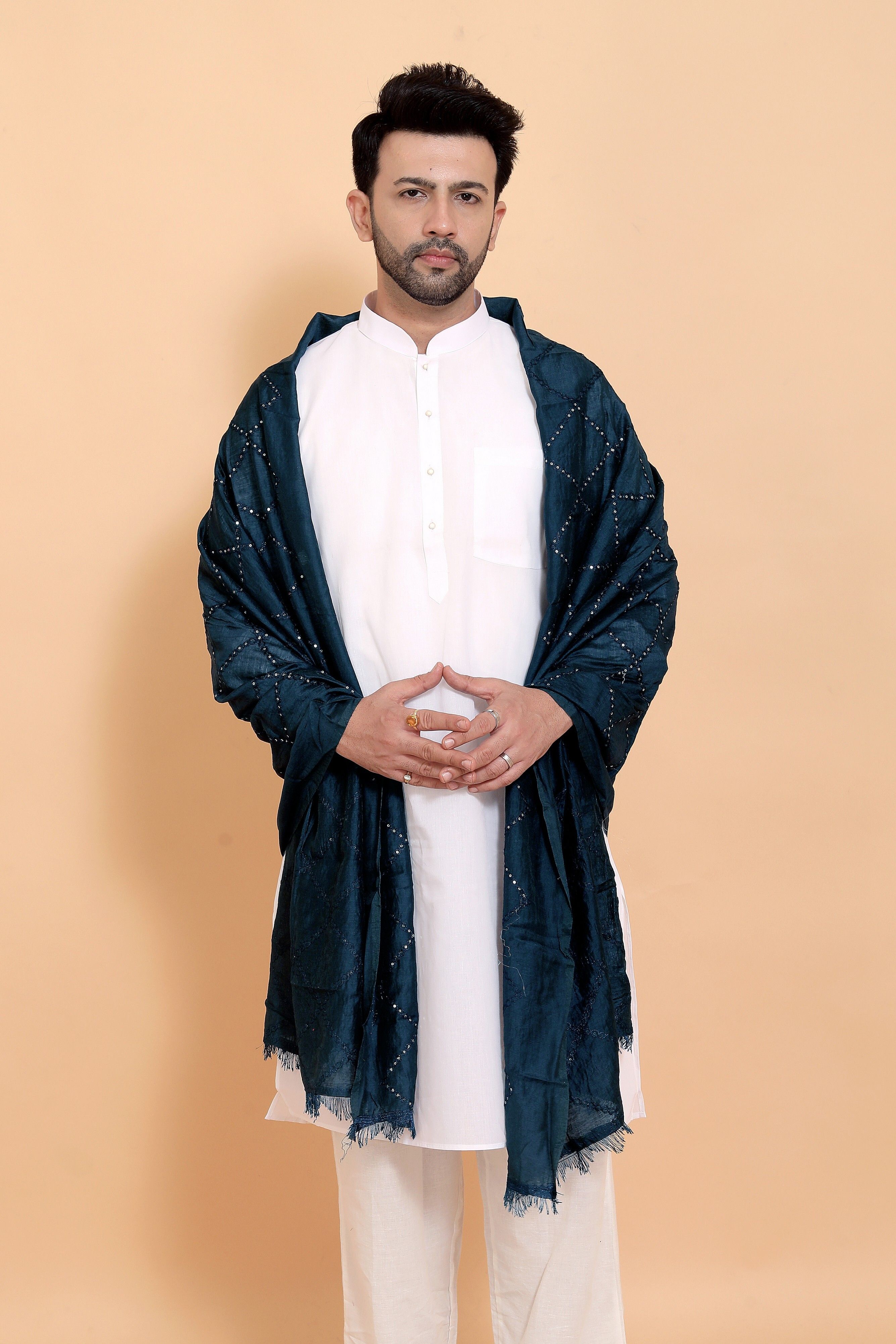 houseofcommon Poly Chanderi Self Design Blue Men Dupatta-picture-12