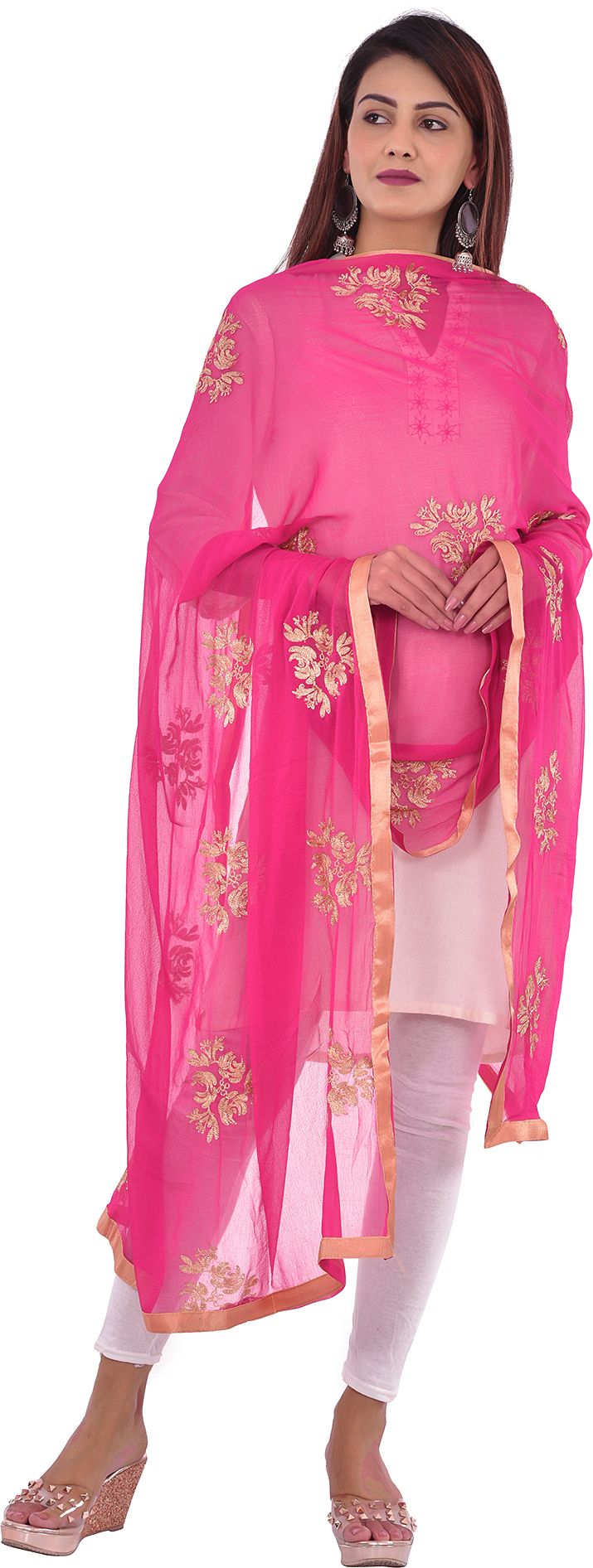 whiteheaven Chiffon Embroidered Pink Women Dupatta-picture-37