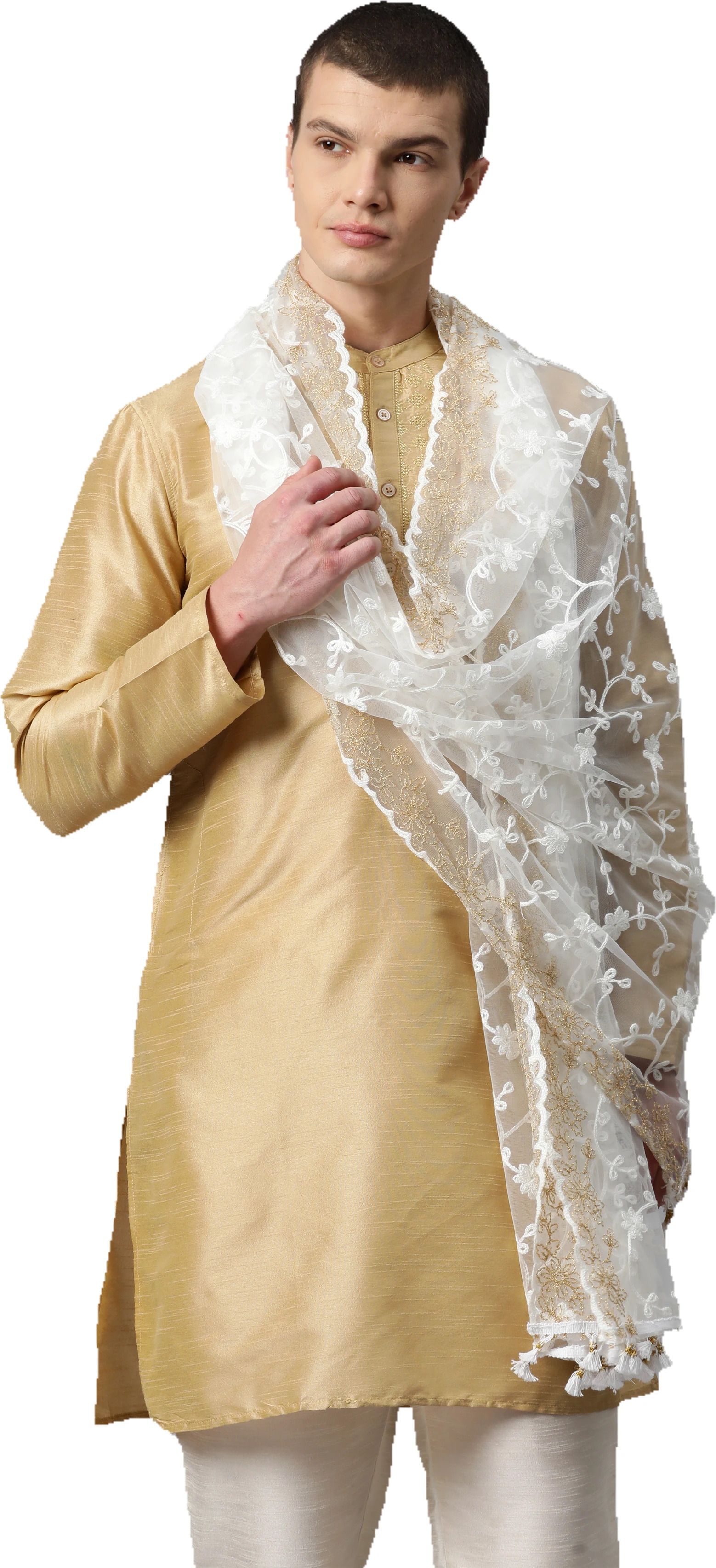 Net Embroidered White Men Dupatta-image-13