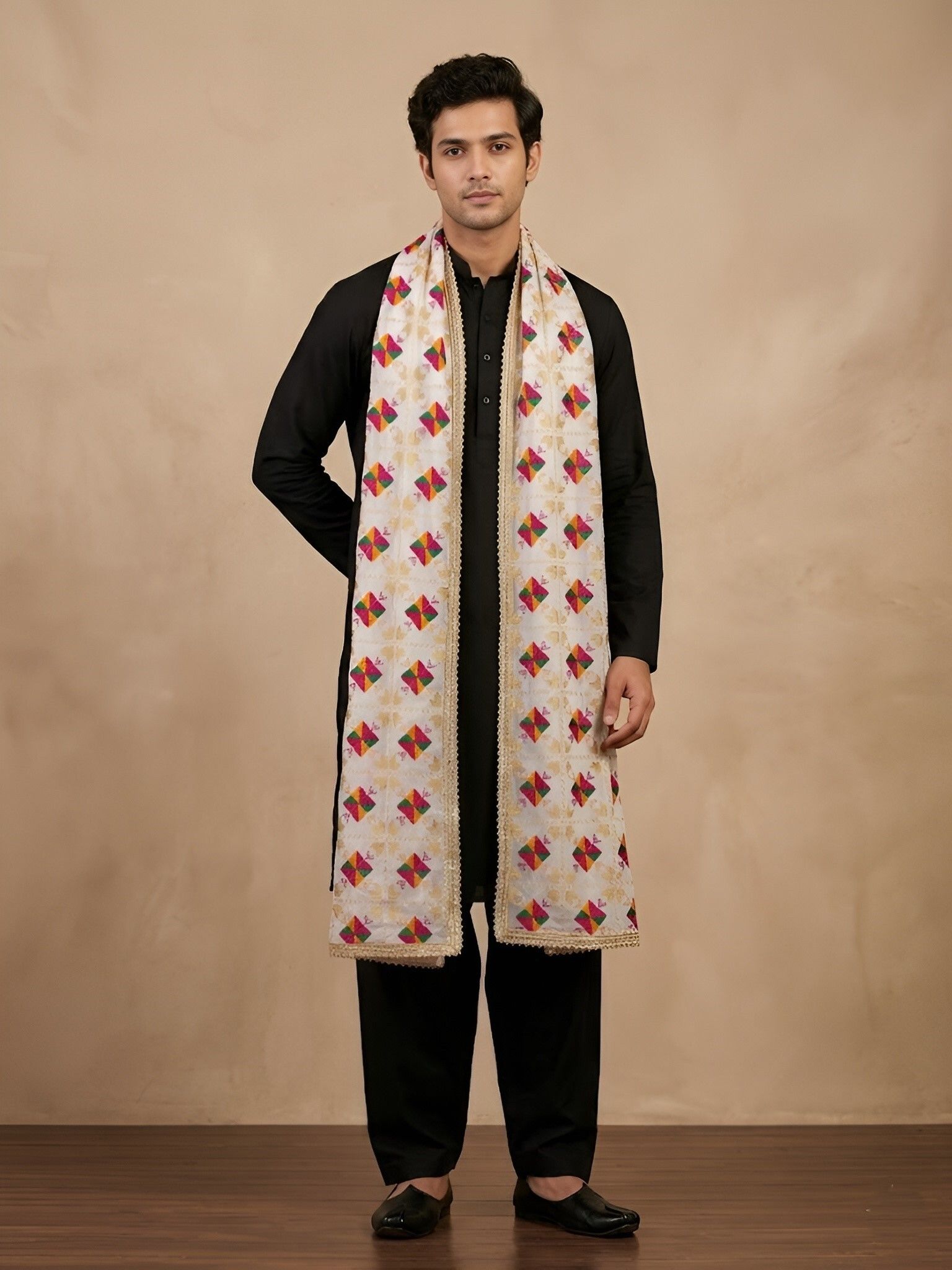 Poly Georgette Geometric Print White Men Dupatta-image-30
