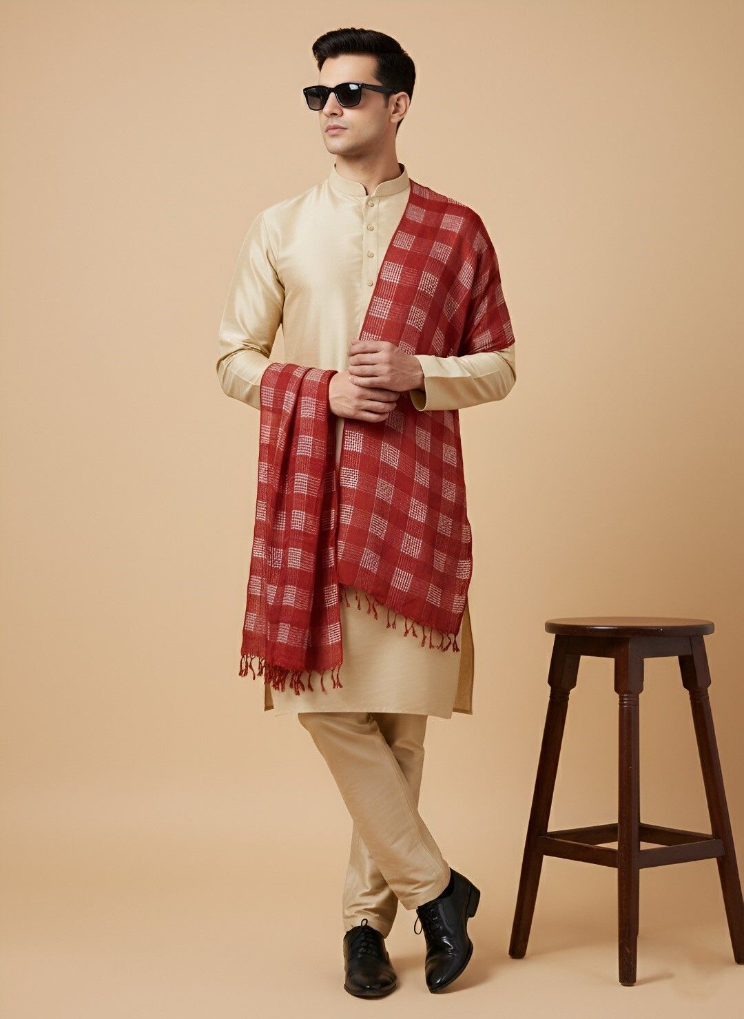 muffly Pure Cotton Self Design Red Men Dupatta-picture-12