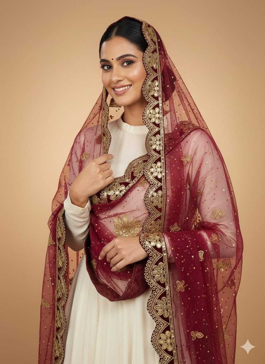 Net Embroidered Maroon Men Dupatta