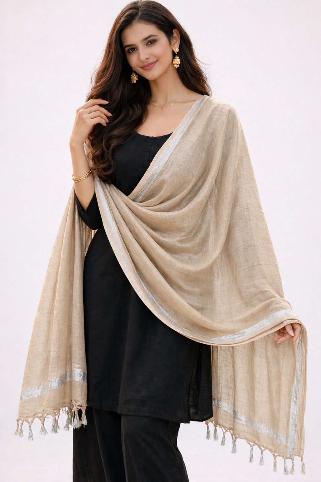 Bhagalpuri Silk, Pure Cotton Solid Beige Women Dupatta-image-28