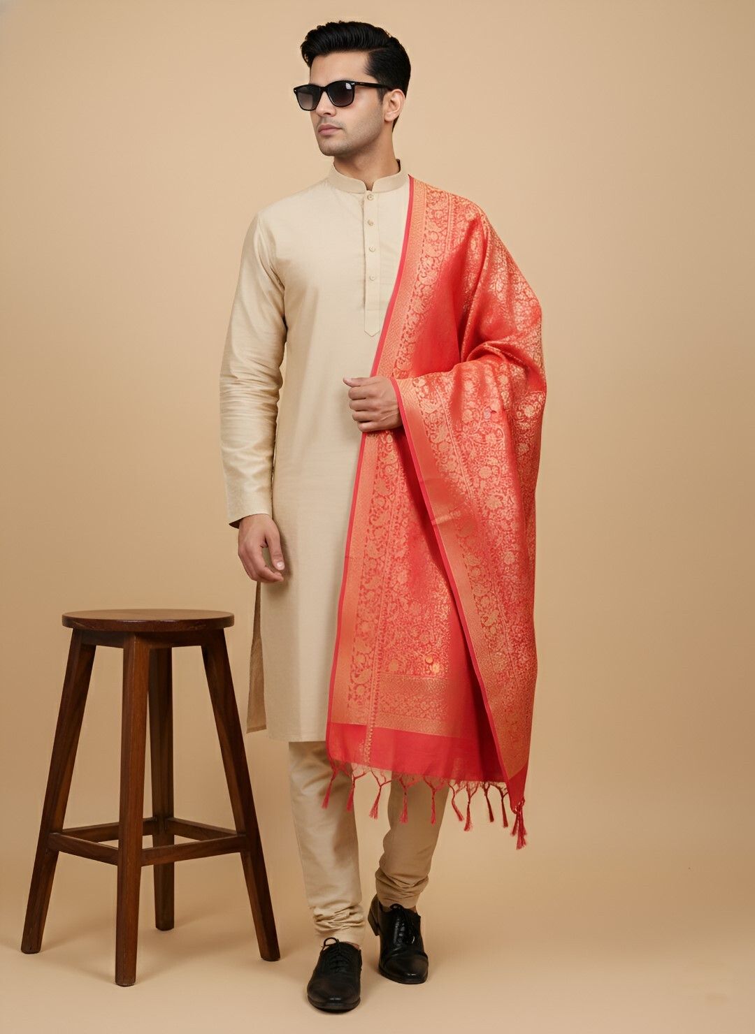 muffly Pure Silk Woven Red Men Dupatta-picture-42