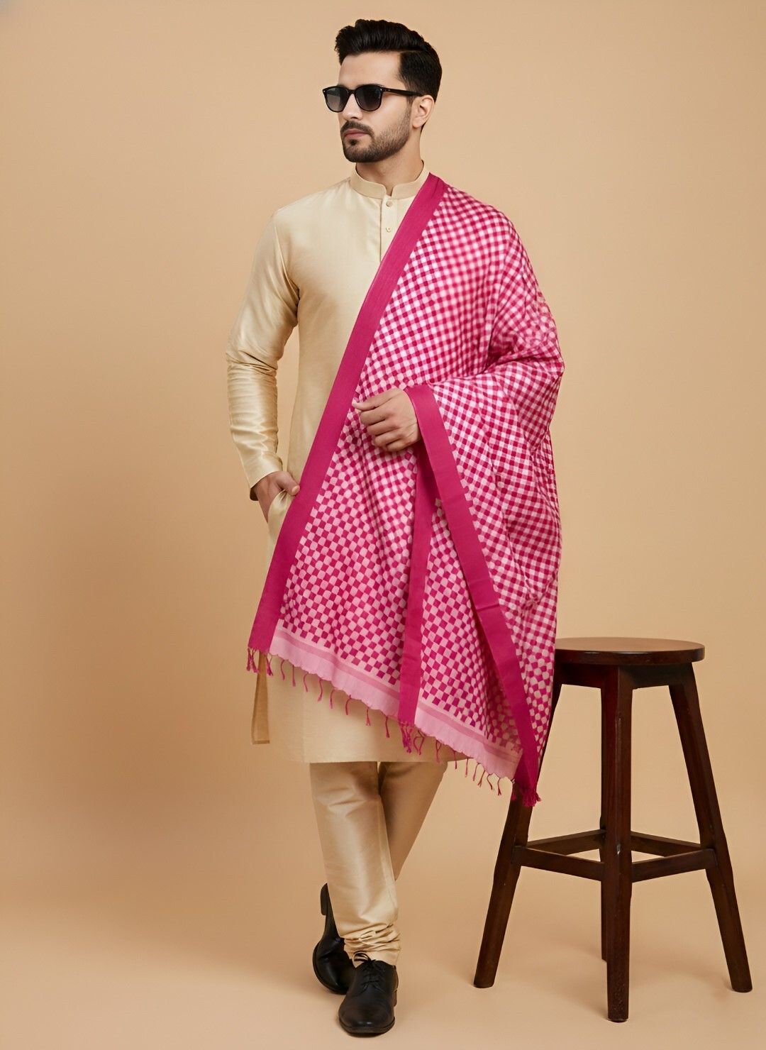 muffly Pure Cotton Checkered Pink Men Dupatta-picture-20