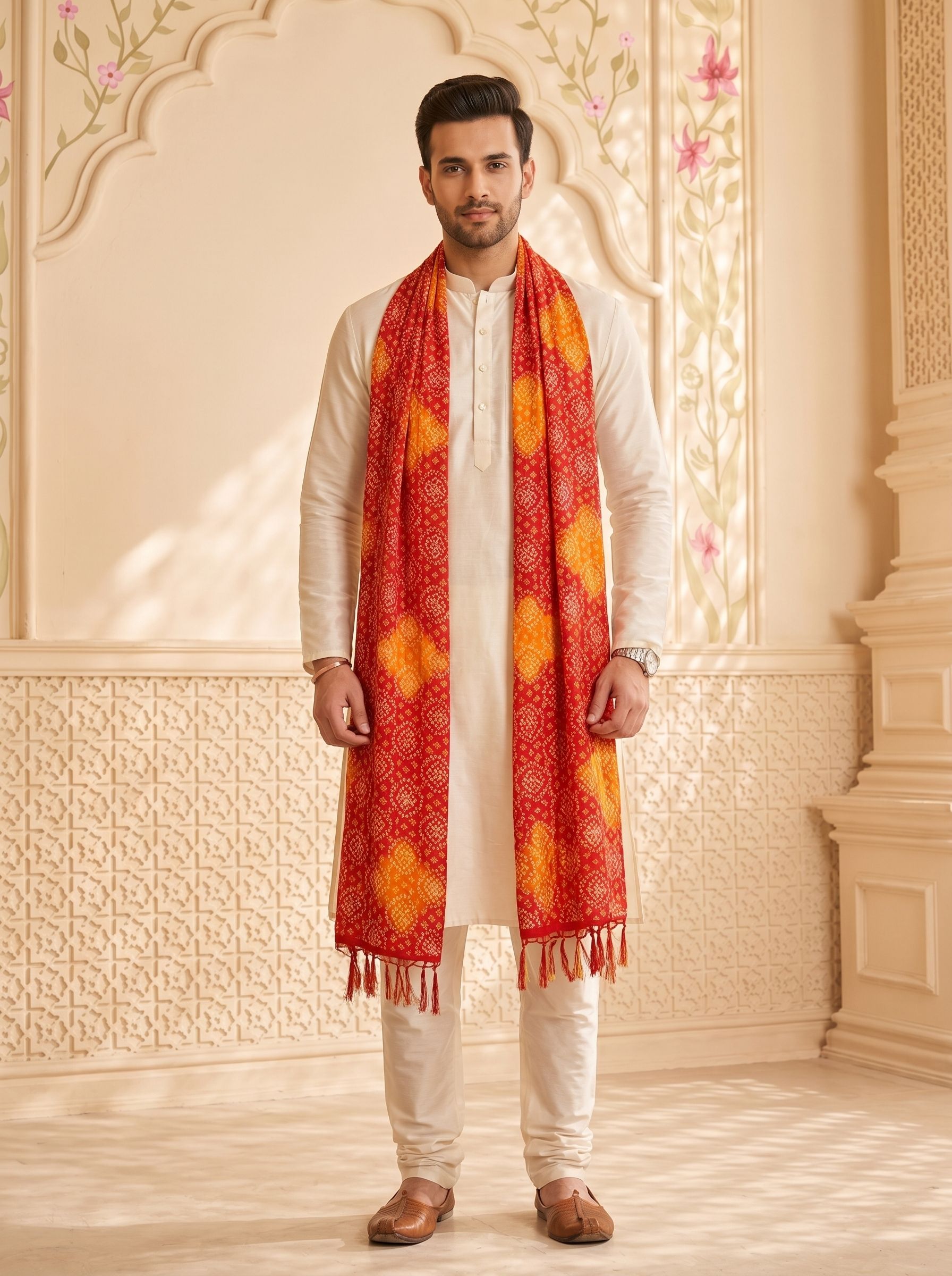 Chiffon Printed Orange Men Dupatta-image-43