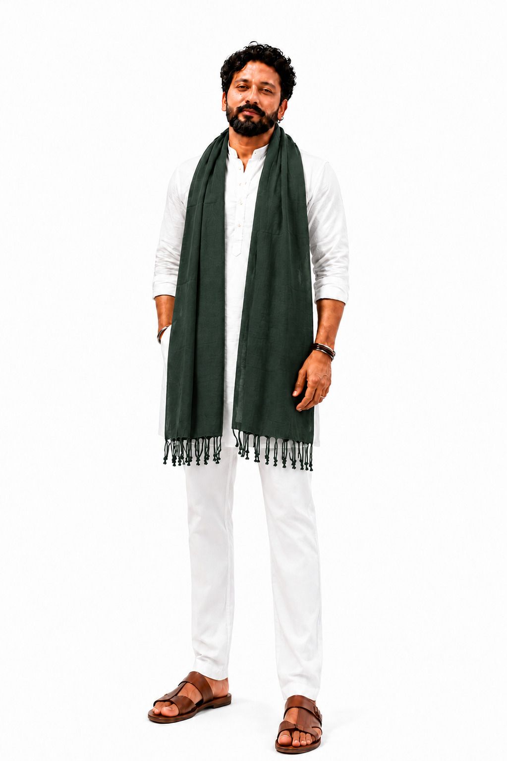 Cotton Blend Solid Dark Green Men Dupatta-image-21