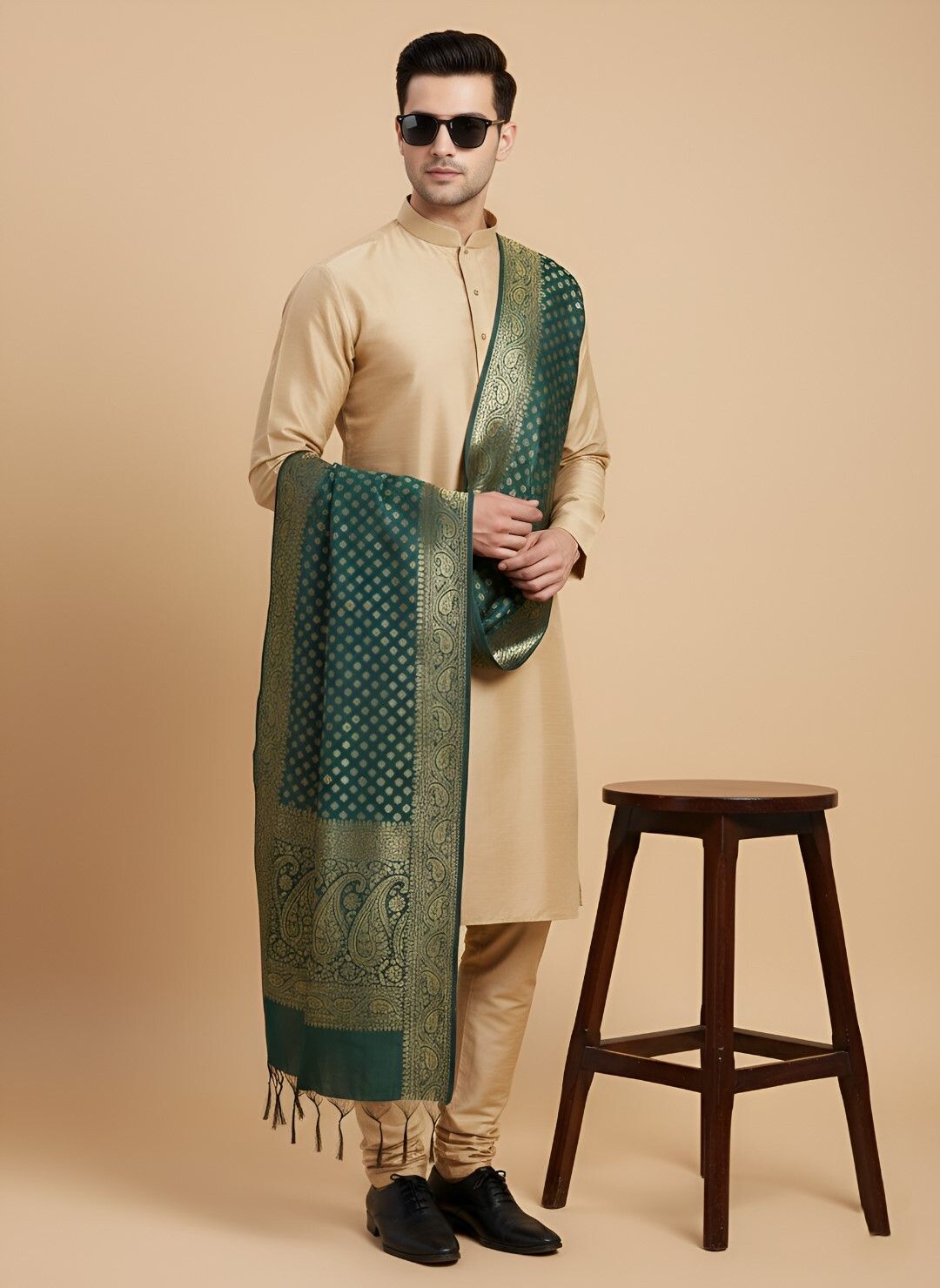 muffly Pure Silk Woven Green Men Dupatta-picture-40