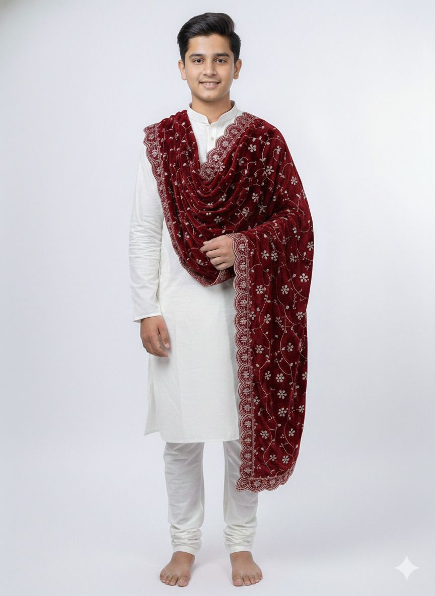 Velvet Embroidered Maroon Men Dupatta-image-30