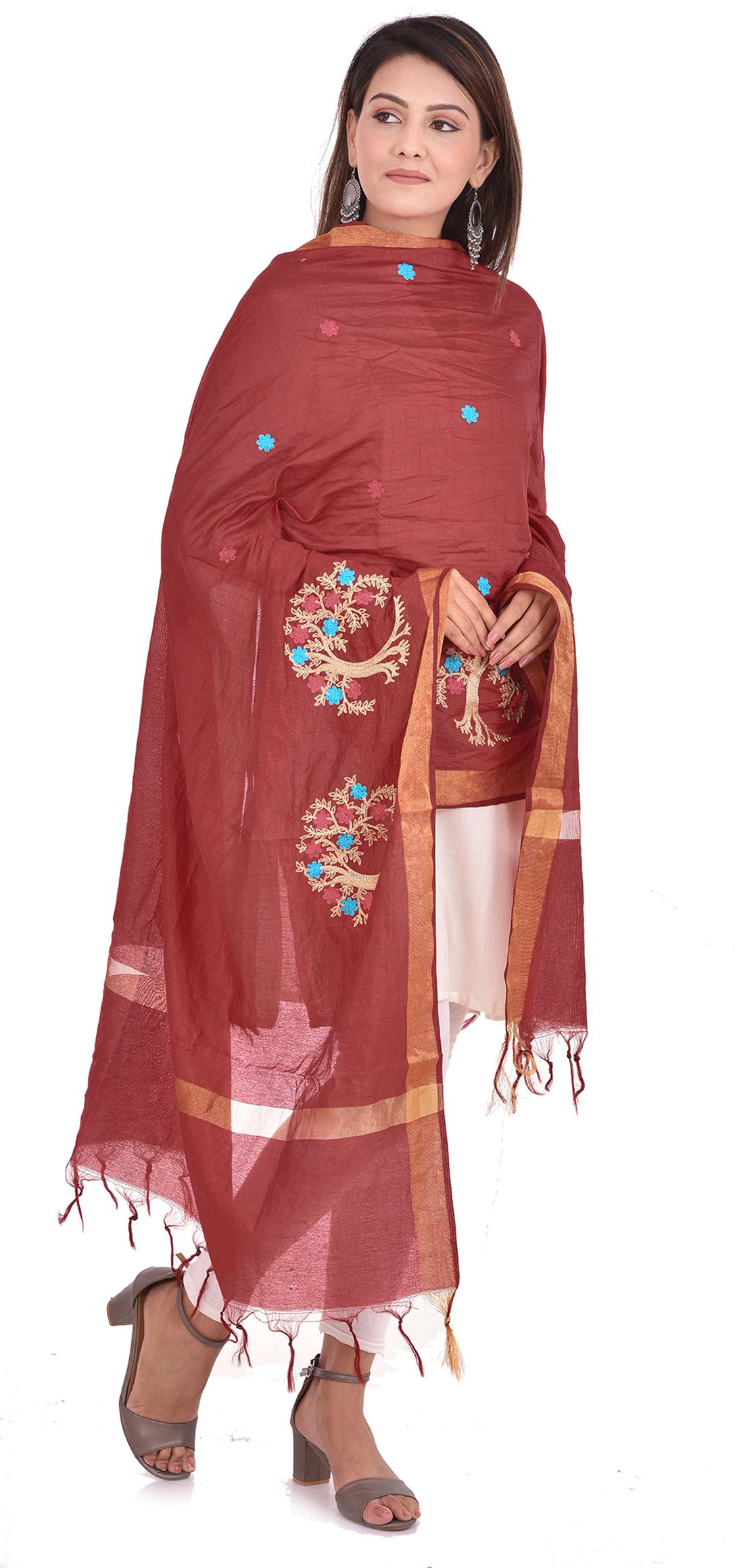 whiteheaven Silk Blend Embroidered Maroon Women Dupatta-picture-6